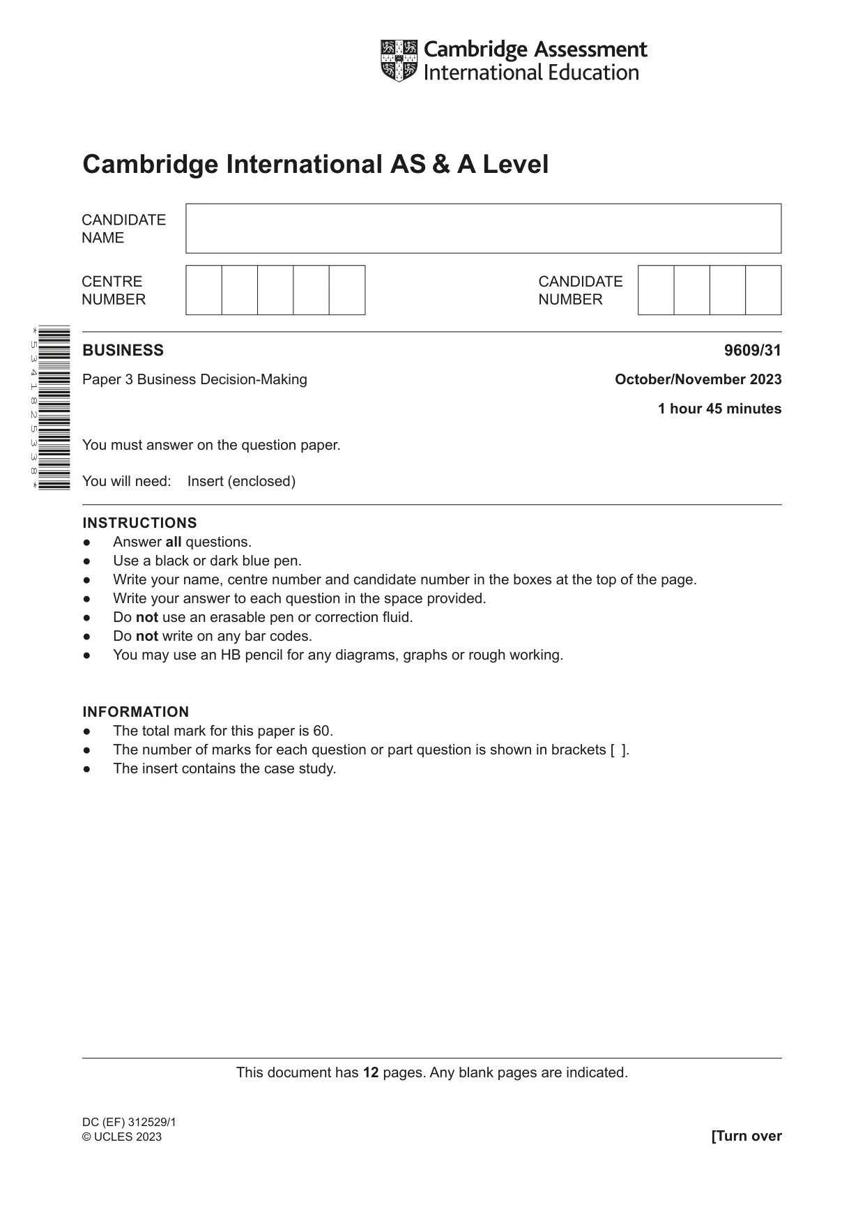 Cambridge A Level Business (for first examination in 2016) 9609 2023 Oct/Nov Paper 3 · Variant 1 question paper, page 1 of 12