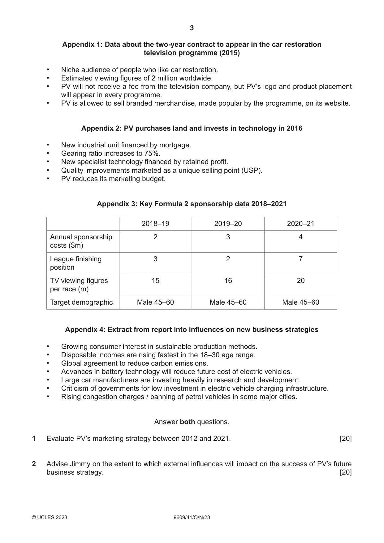 Cambridge A Level Business (for first examination in 2016) 9609 2023 Oct/Nov Paper 4 · Variant 1 question paper, page 3 of 4
