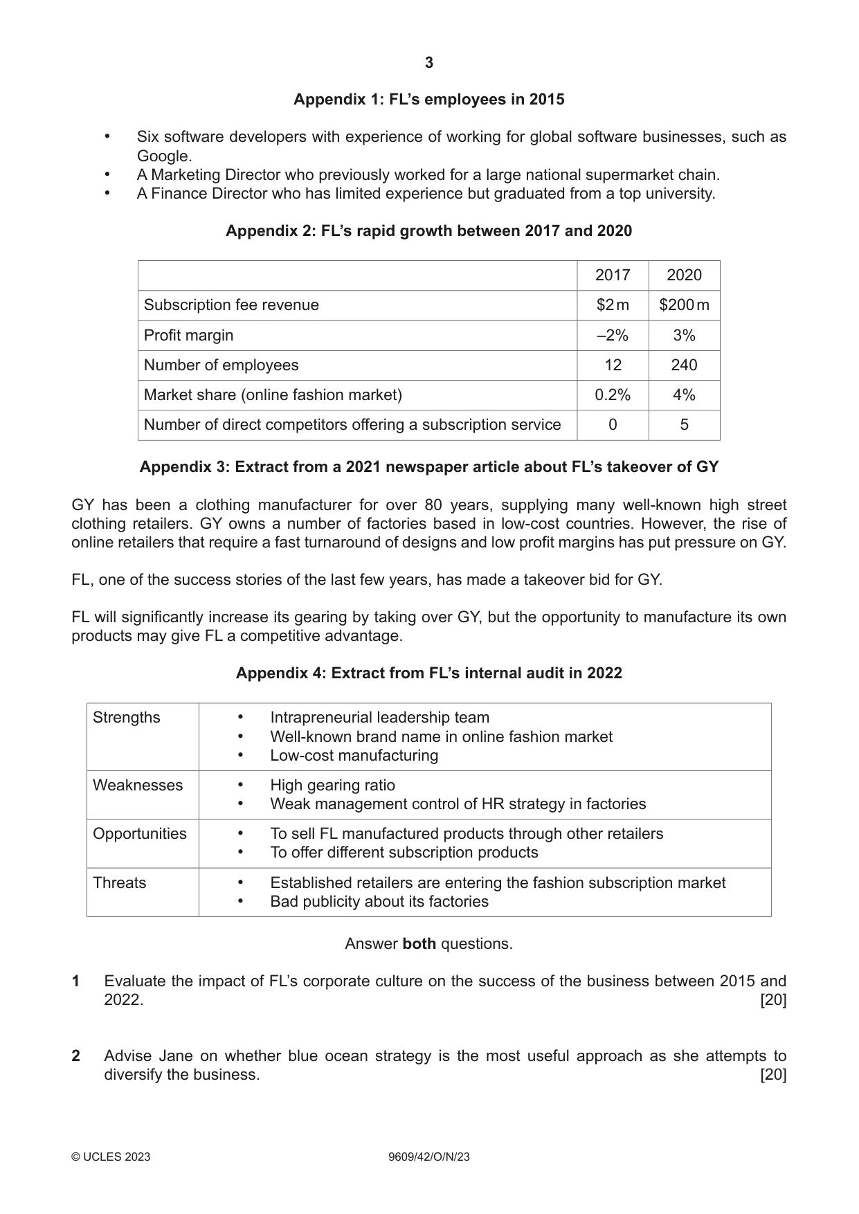 Cambridge A Level Business (for first examination in 2016) 9609 2023 Oct/Nov Paper 4 · Variant 2 question paper, page 3 of 4