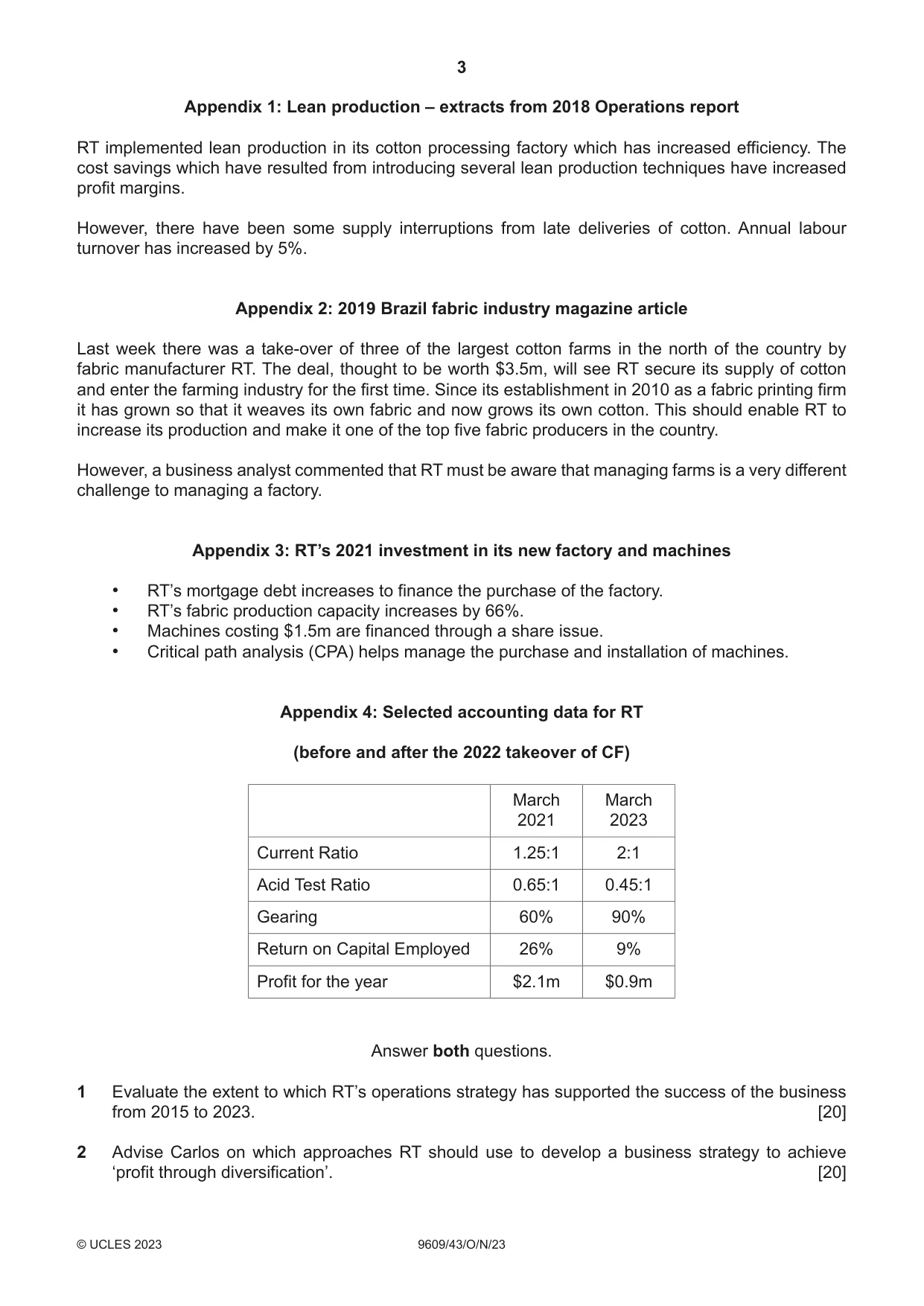 Cambridge A Level Business (for first examination in 2016) 9609 2023 Oct/Nov Paper 4 · Variant 3 question paper, page 3 of 4