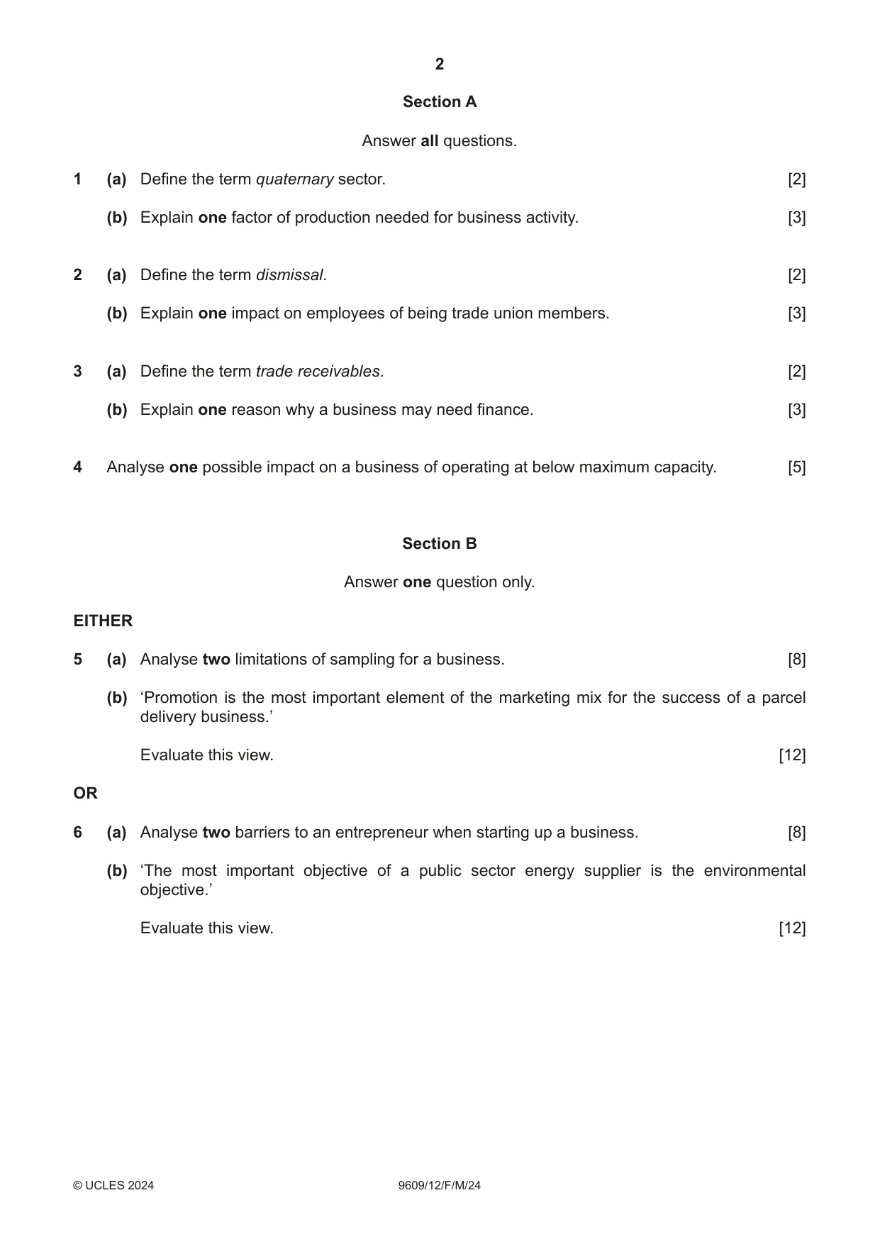 Cambridge A Level Business (for first examination in 2016) 9609 2024 Feb/March Paper 1 · Variant 2 question paper, page 2 of 4