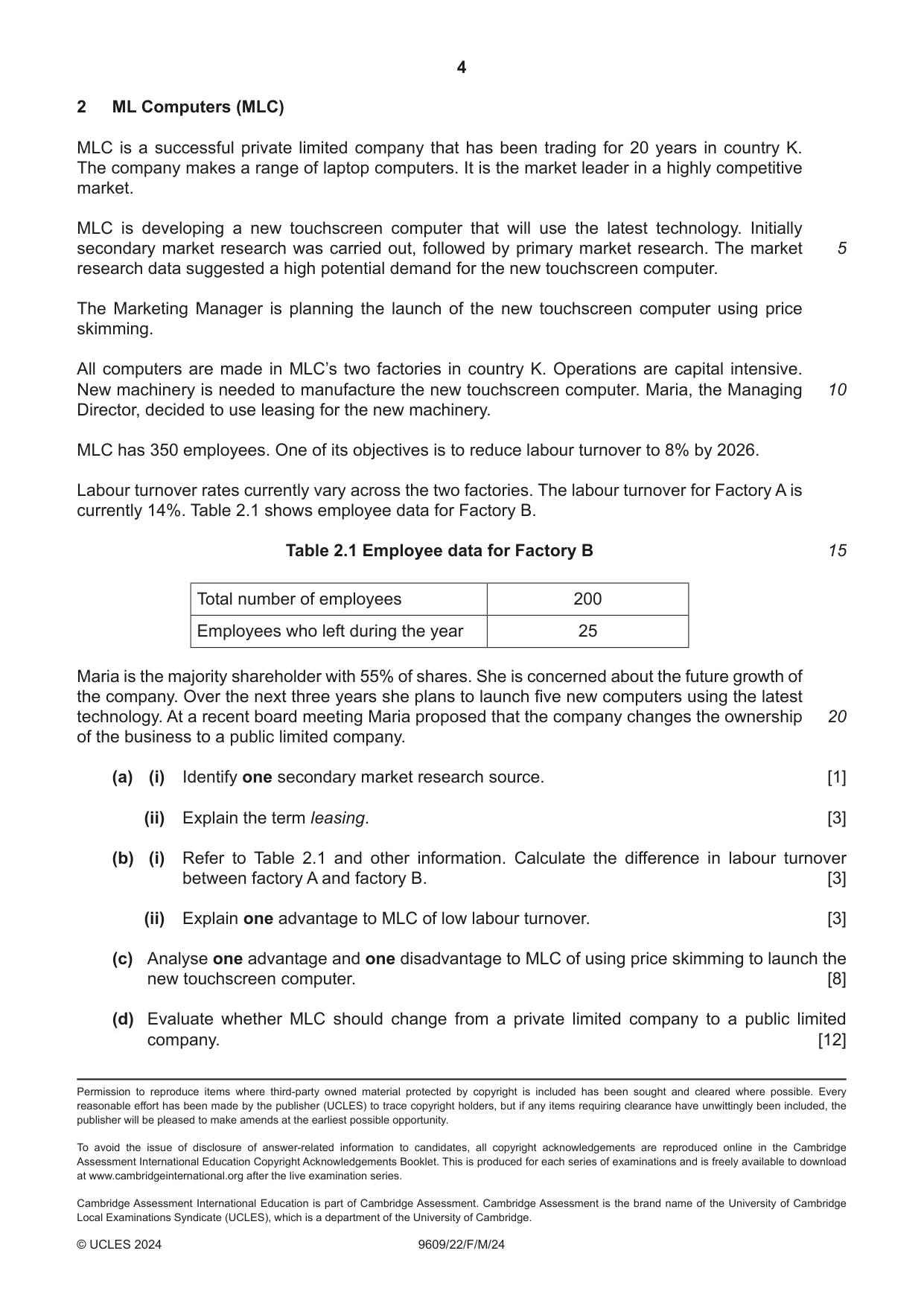 Cambridge A Level Business (for first examination in 2016) 9609 2024 Feb/March Paper 2 · Variant 2 question paper, page 4 of 4