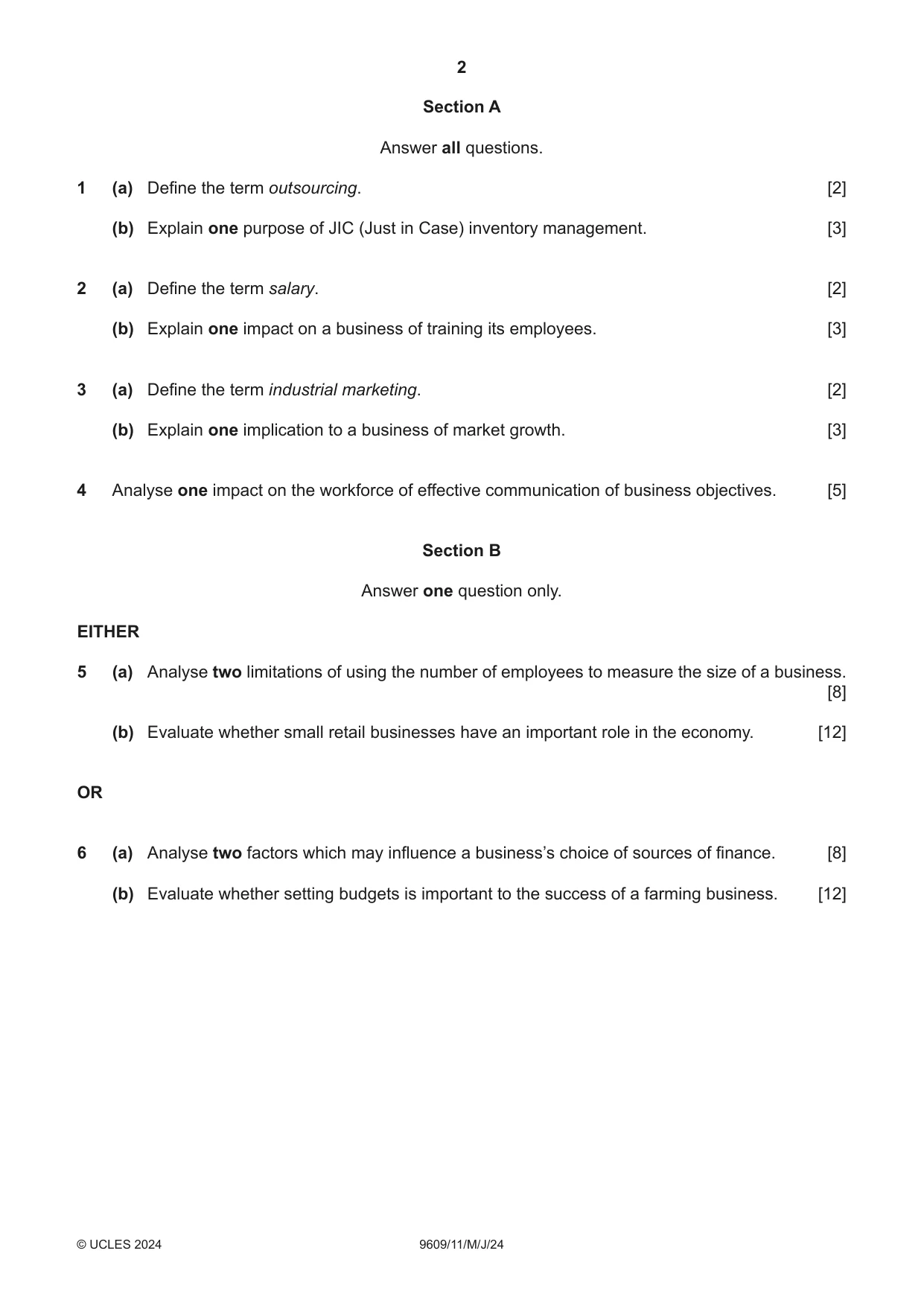 Cambridge A Level Business (for first examination in 2016) 9609 2024 May/June Paper 1 · Variant 1 question paper, page 2 of 4