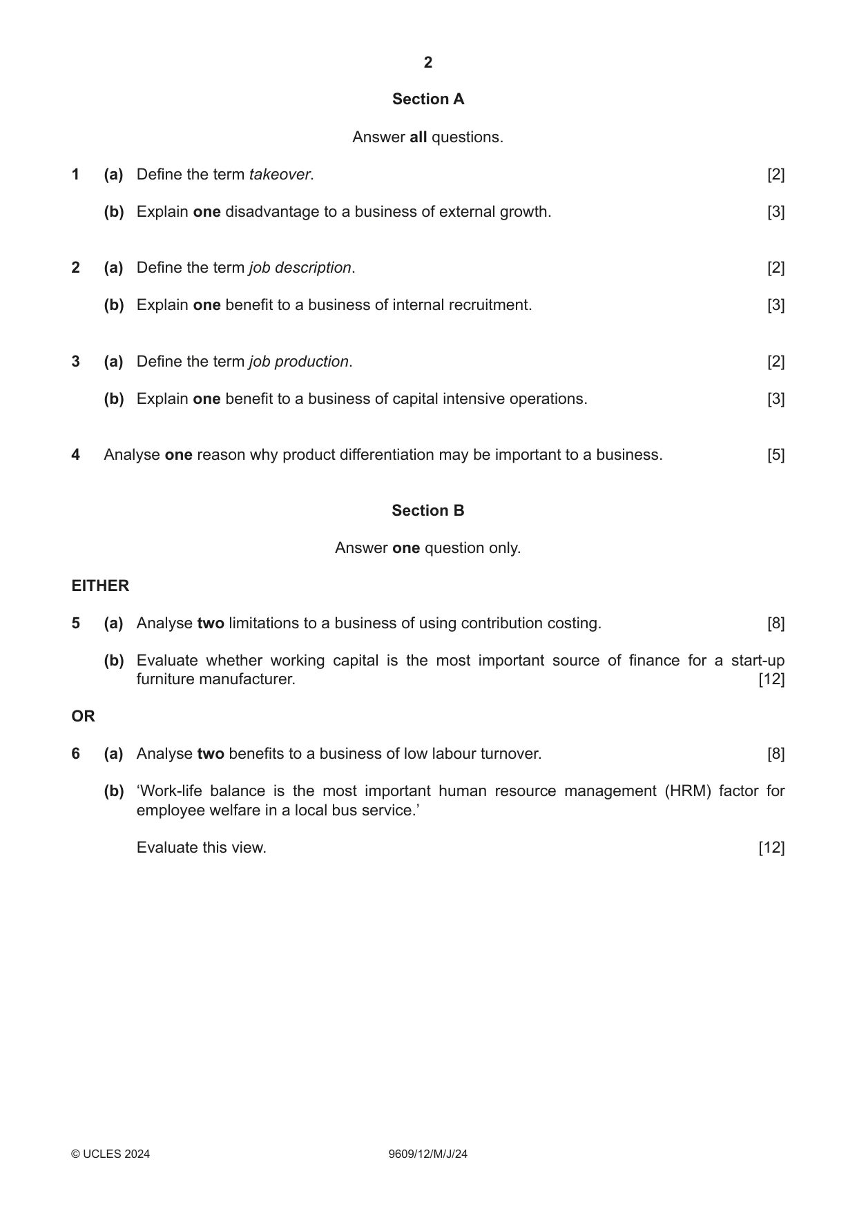 Cambridge A Level Business (for first examination in 2016) 9609 2024 May/June Paper 1 · Variant 2 question paper, page 2 of 4