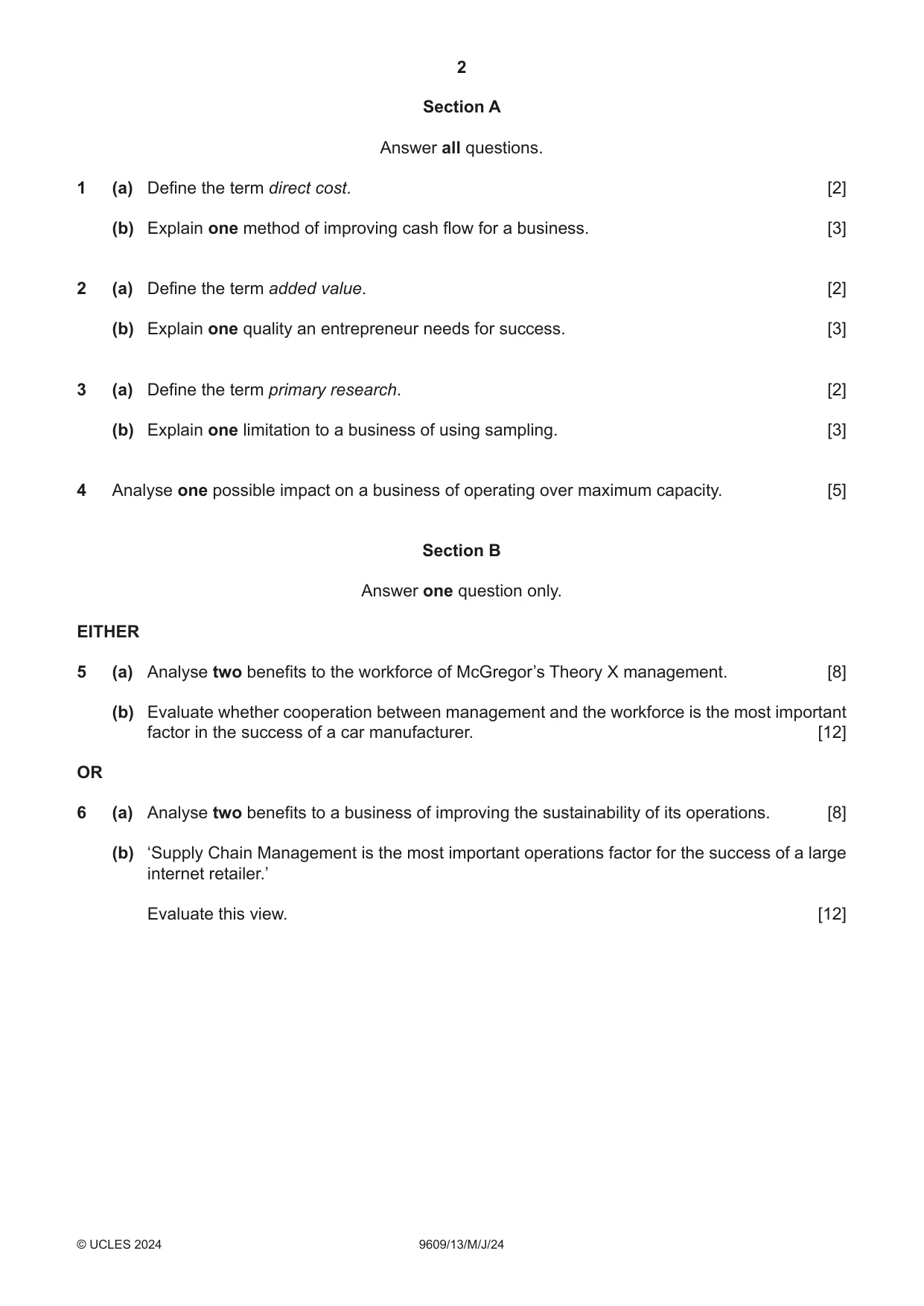 Cambridge A Level Business (for first examination in 2016) 9609 2024 May/June Paper 1 · Variant 3 question paper, page 2 of 4
