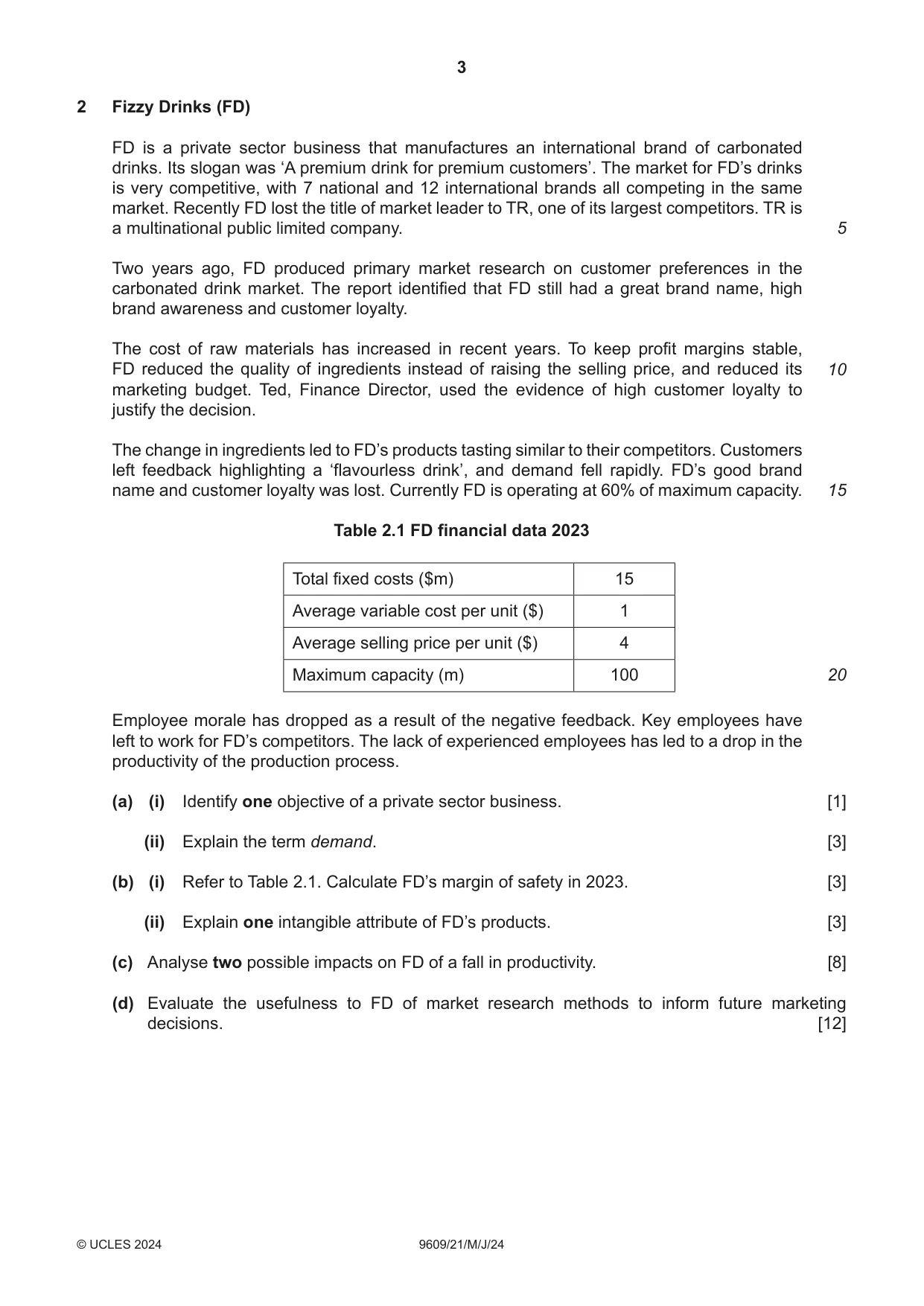 Cambridge A Level Business (for first examination in 2016) 9609 2024 May/June Paper 2 · Variant 1 question paper, page 3 of 4