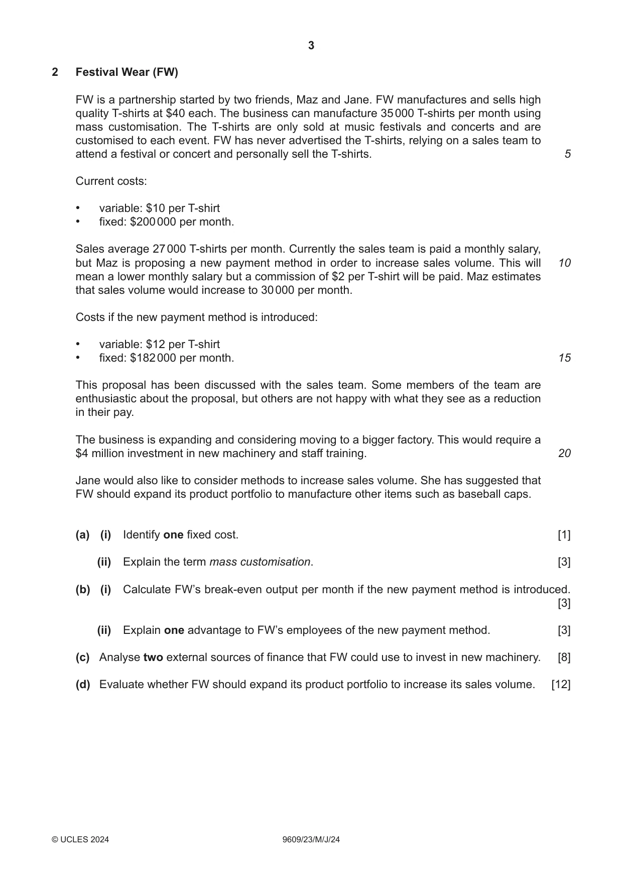 Cambridge A Level Business (for first examination in 2016) 9609 2024 May/June Paper 2 · Variant 3 question paper, page 3 of 4