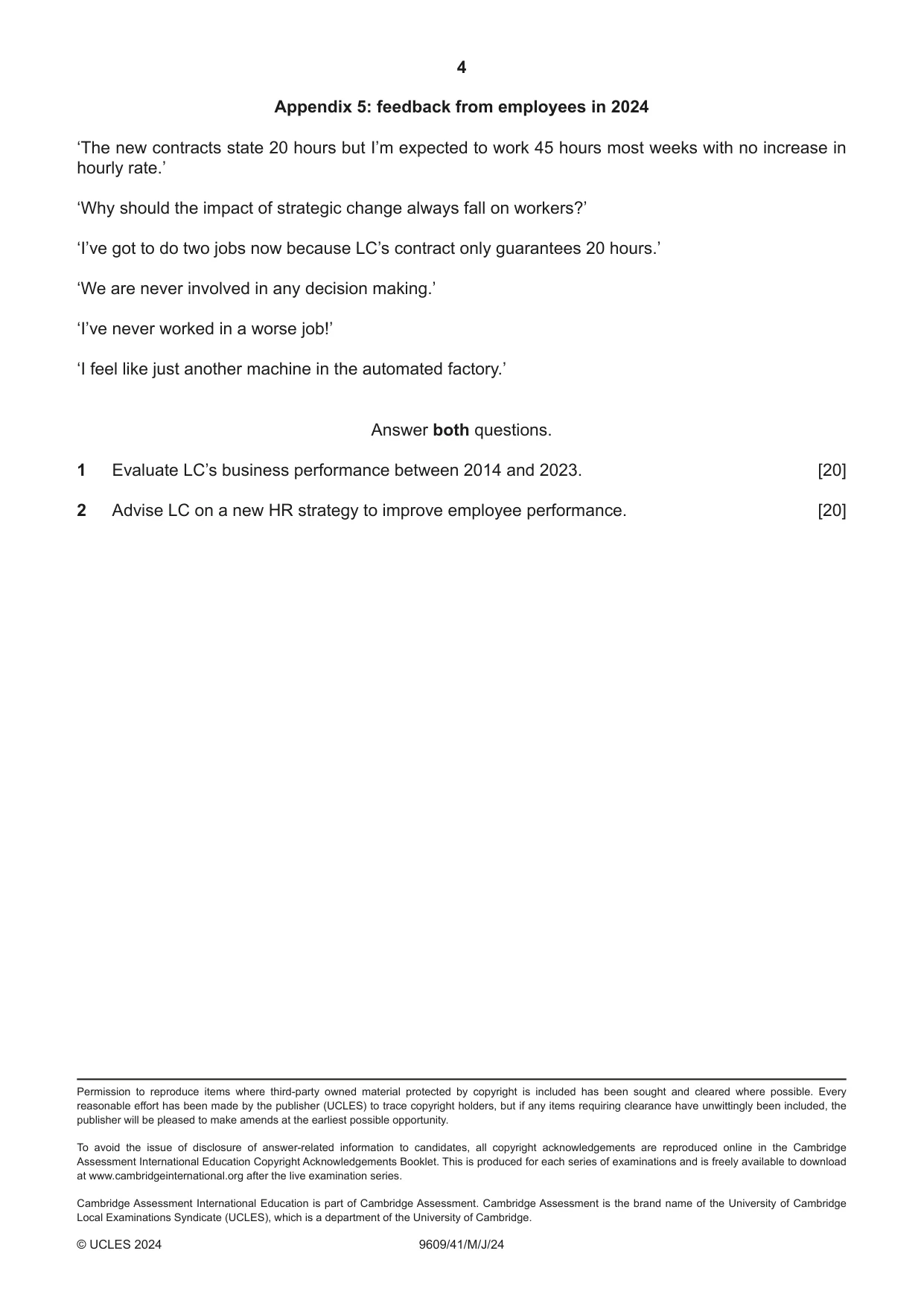 Cambridge A Level Business (for first examination in 2016) 9609 2024 May/June Paper 4 · Variant 1 question paper, page 4 of 4