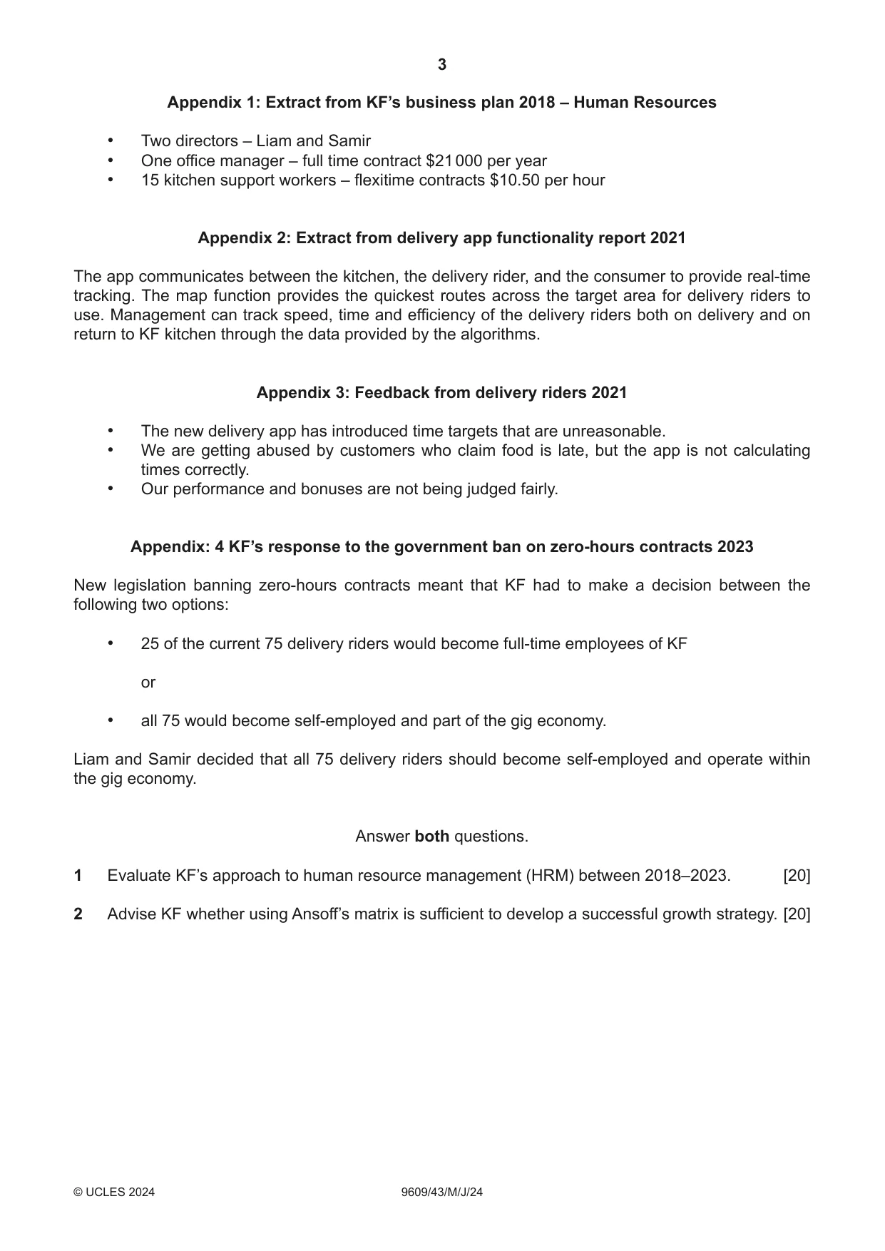 Cambridge A Level Business (for first examination in 2016) 9609 2024 May/June Paper 4 · Variant 3 question paper, page 3 of 4