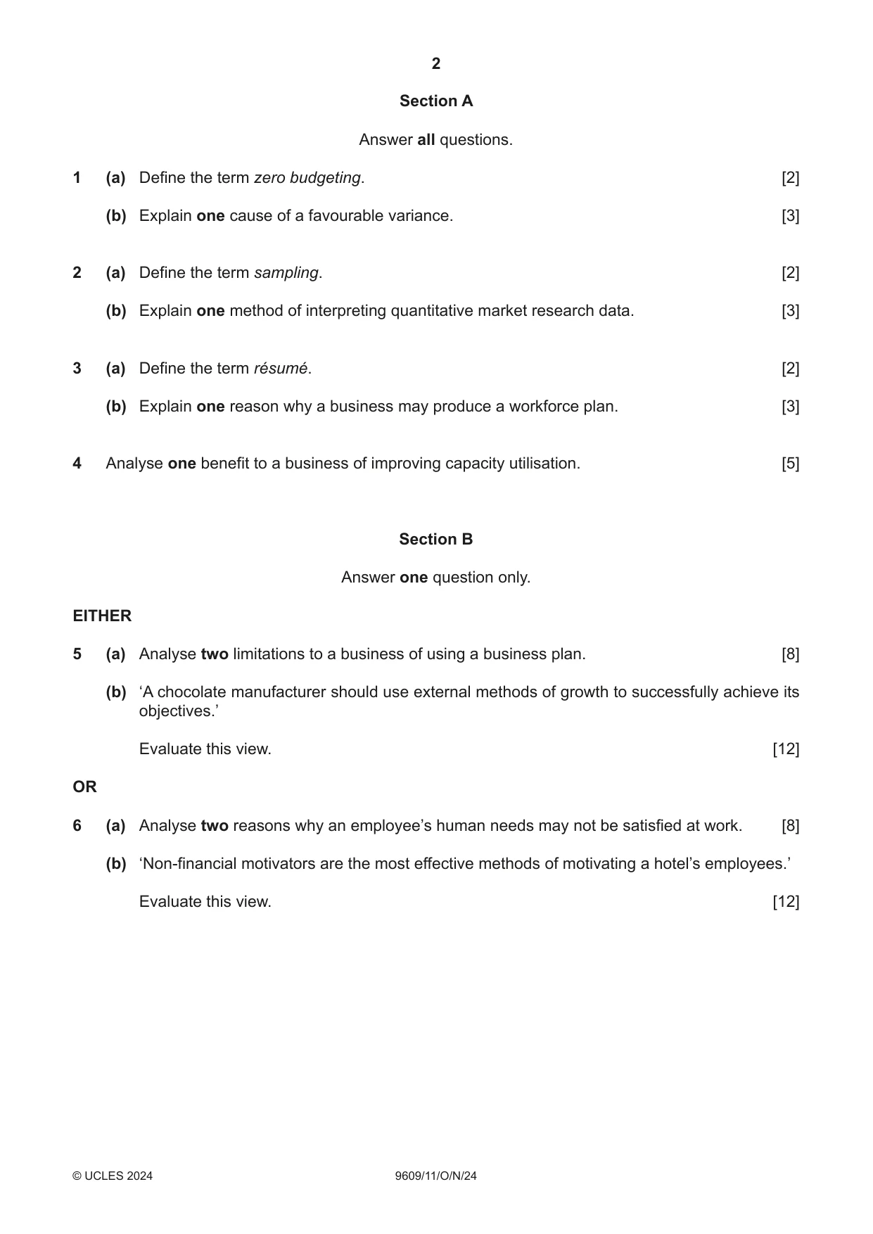 Cambridge A Level Business (for first examination in 2016) 9609 2024 Oct/Nov Paper 1 · Variant 1 question paper, page 2 of 4