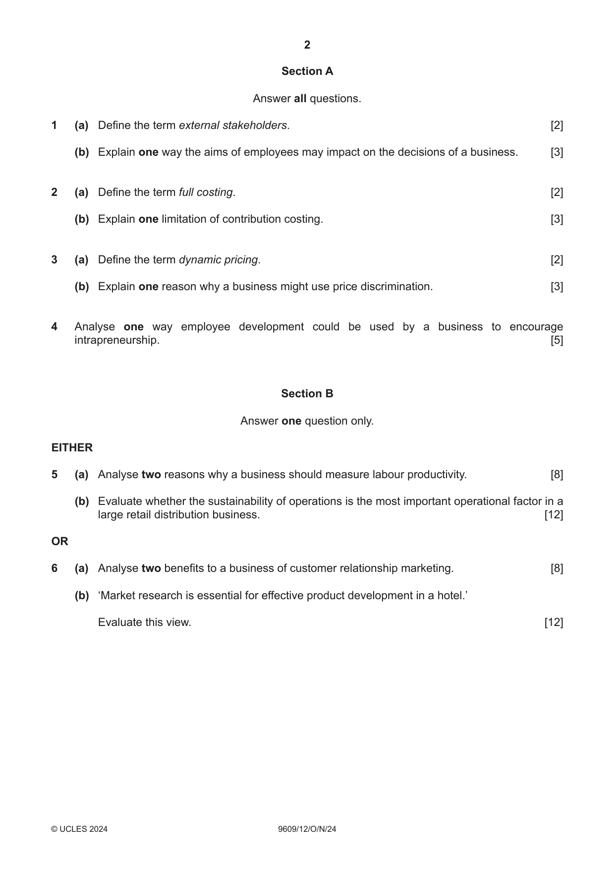 Cambridge A Level Business (for first examination in 2016) 9609 2024 Oct/Nov Paper 1 · Variant 2 question paper, page 2 of 4