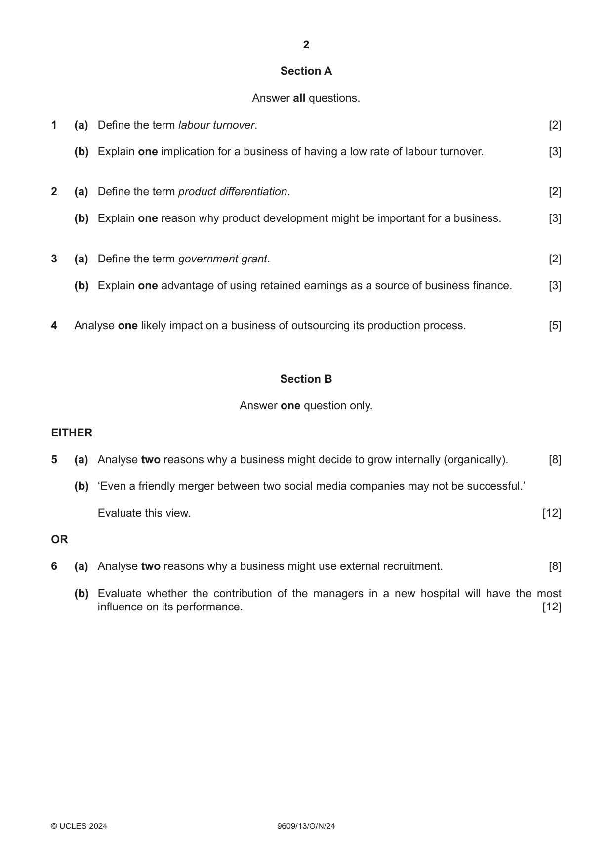 Cambridge A Level Business (for first examination in 2016) 9609 2024 Oct/Nov Paper 1 · Variant 3 question paper, page 2 of 4