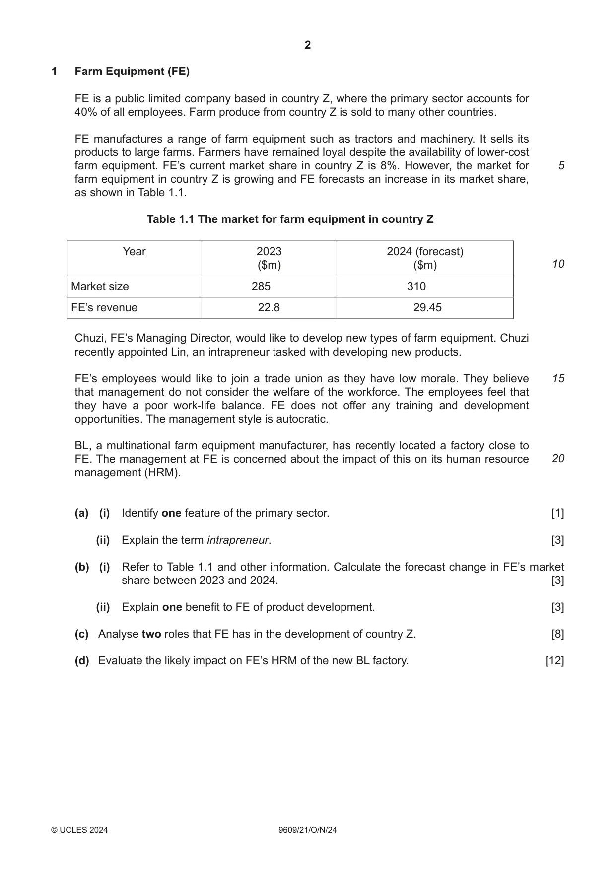 Cambridge A Level Business (for first examination in 2016) 9609 2024 Oct/Nov Paper 2 · Variant 1 question paper, page 2 of 4