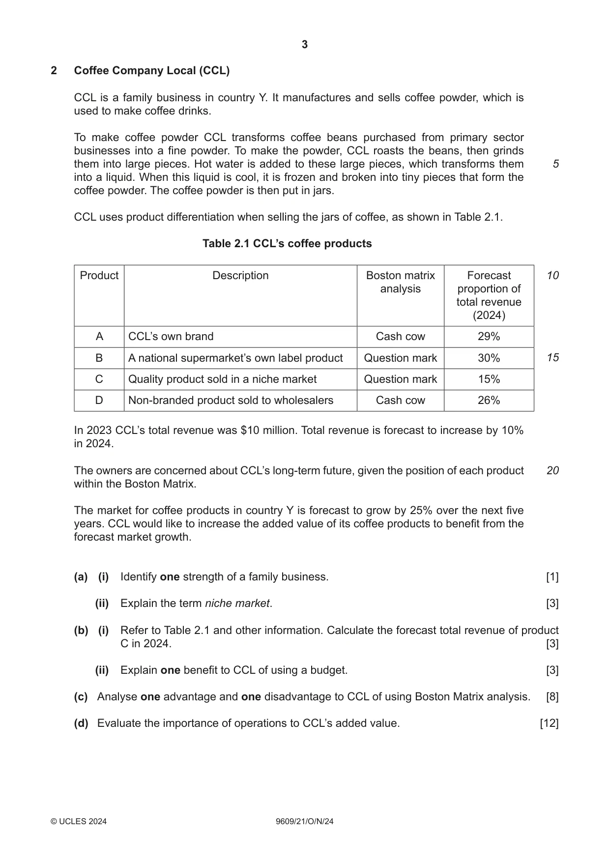 Cambridge A Level Business (for first examination in 2016) 9609 2024 Oct/Nov Paper 2 · Variant 1 question paper, page 3 of 4