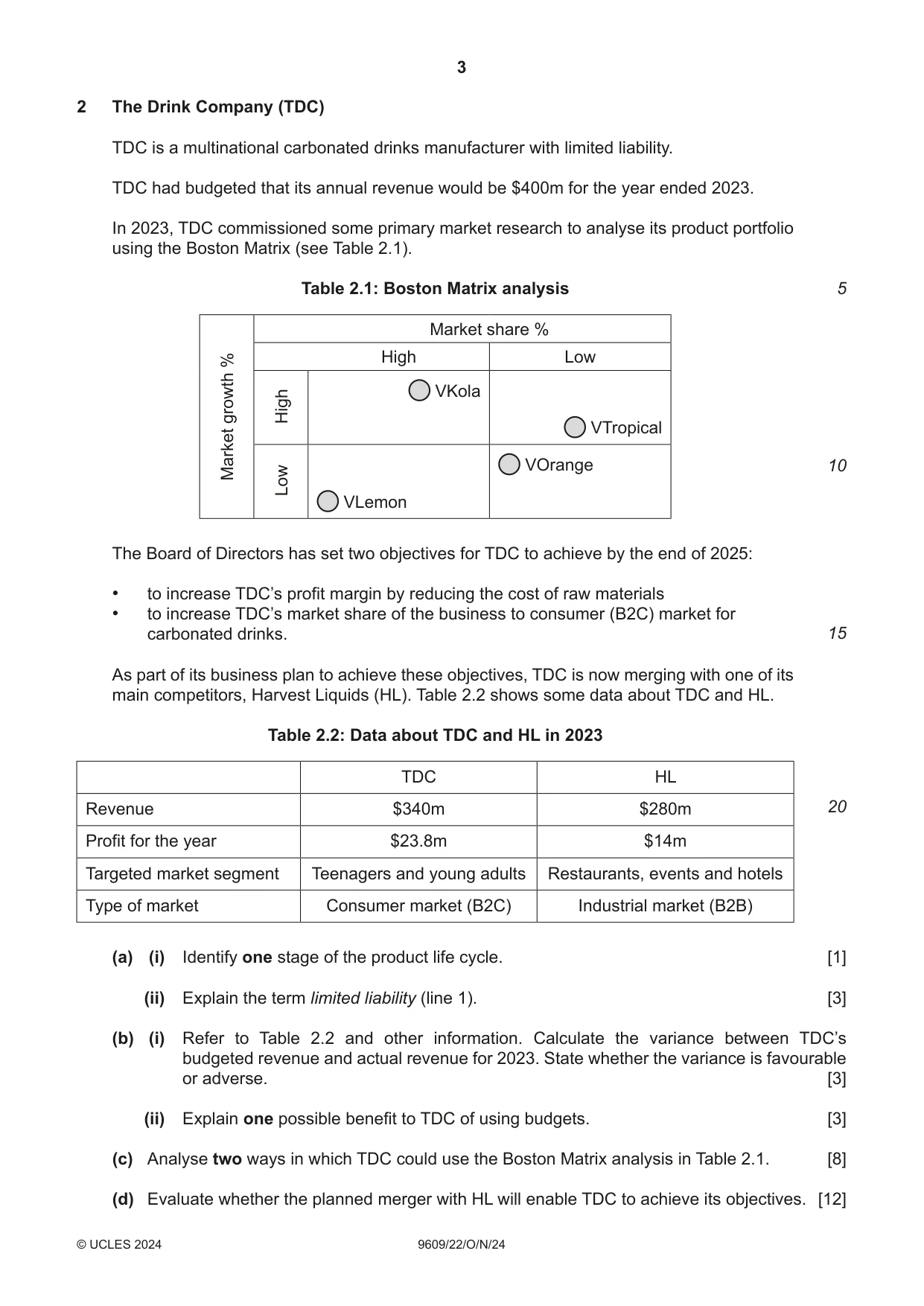 Cambridge A Level Business (for first examination in 2016) 9609 2024 Oct/Nov Paper 2 · Variant 2 question paper, page 3 of 4