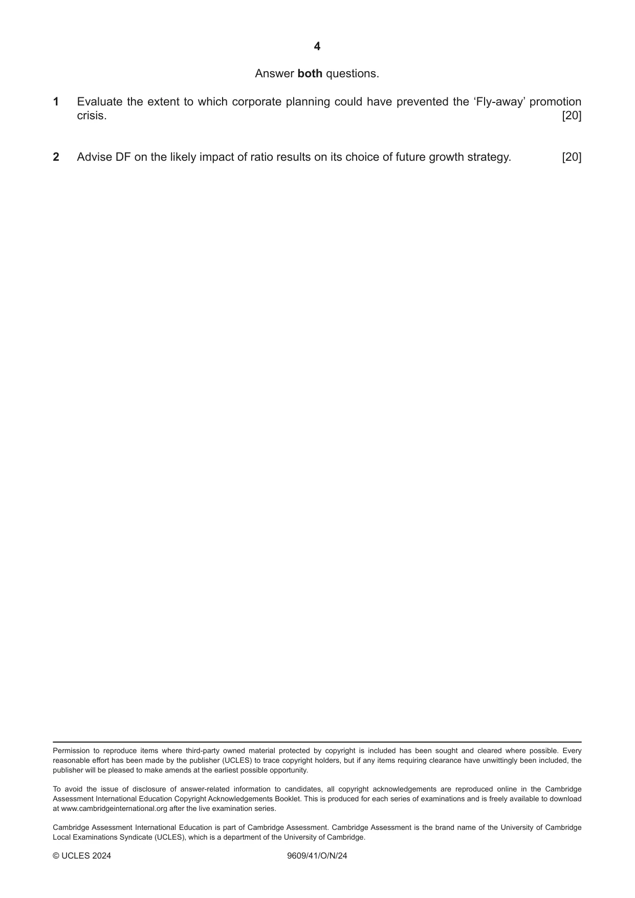 Cambridge A Level Business (for first examination in 2016) 9609 2024 Oct/Nov Paper 4 · Variant 1 question paper, page 4 of 4