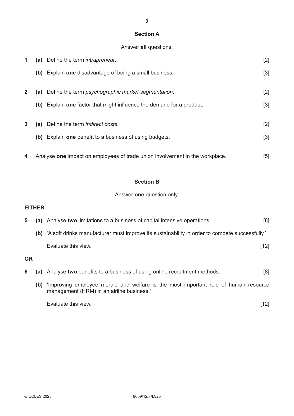 Cambridge A Level Business (for first examination in 2016) 9609 2025 Feb/March Paper 1 · Variant 2 question paper, page 2 of 4