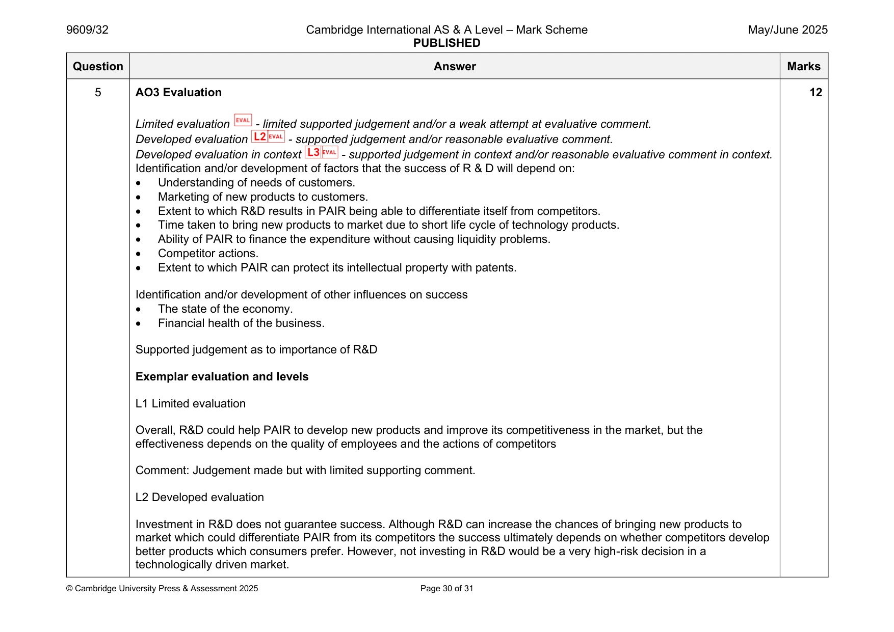 Mark scheme, page 30 of 31
