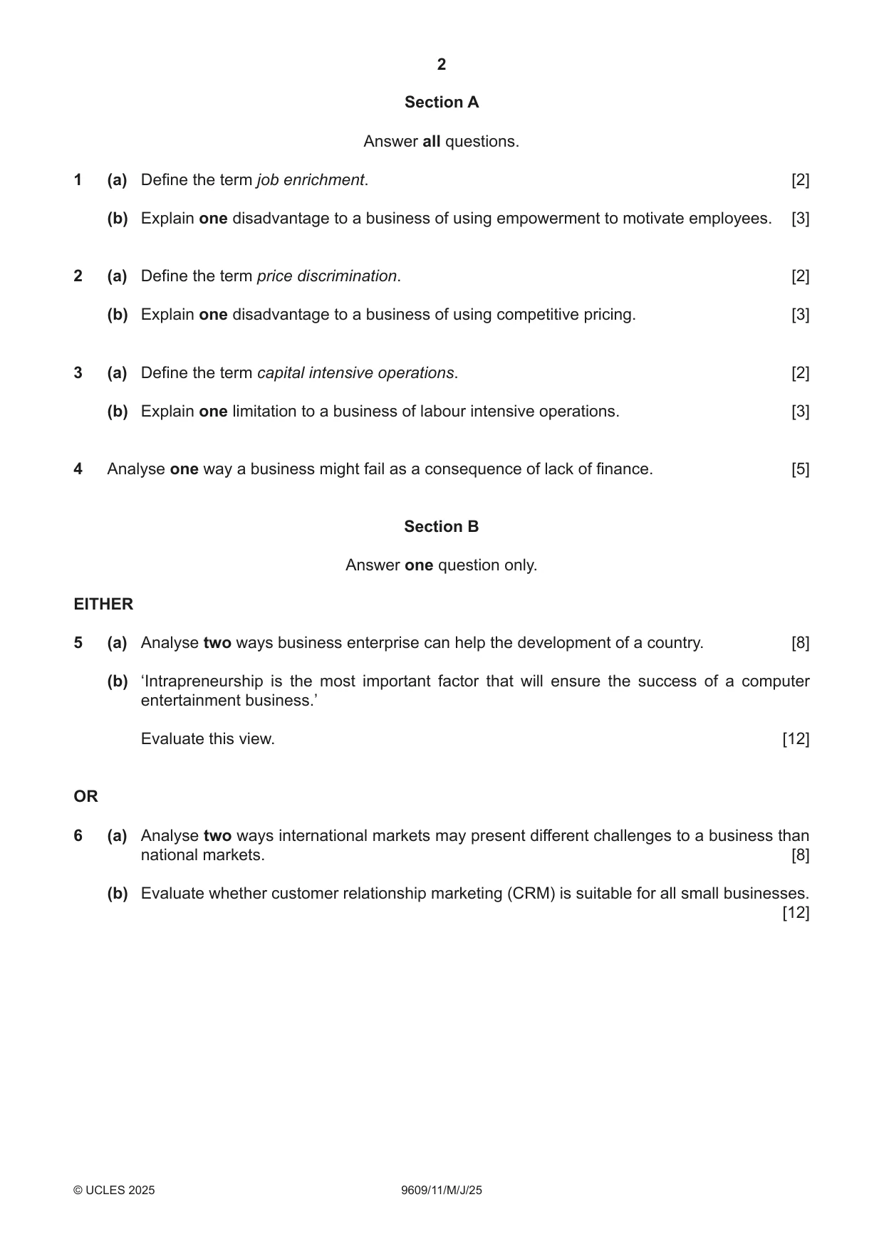 Cambridge A Level Business (for first examination in 2016) 9609 2025 May/June Paper 1 · Variant 1 question paper, page 2 of 4