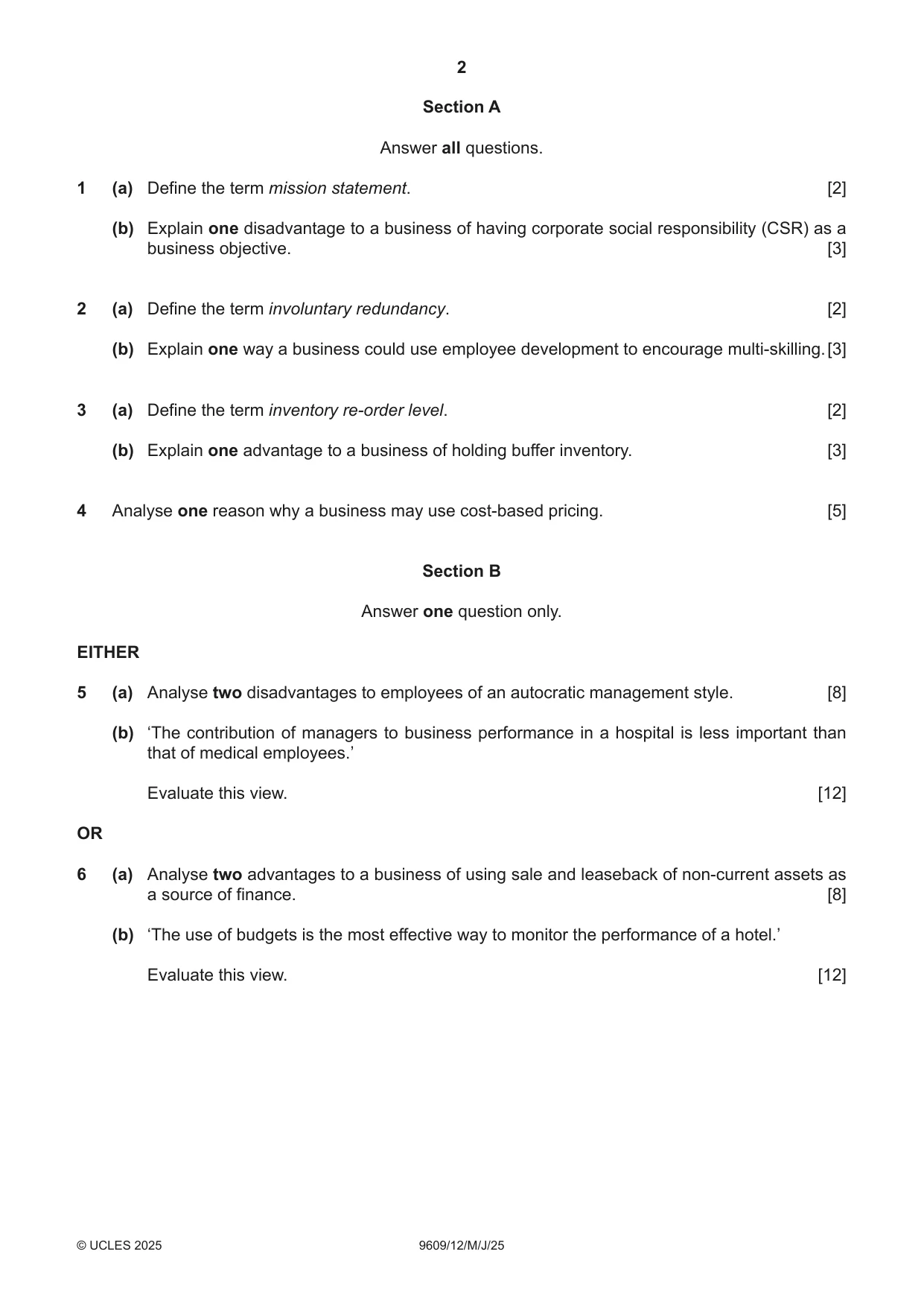 Cambridge A Level Business (for first examination in 2016) 9609 2025 May/June Paper 1 · Variant 2 question paper, page 2 of 4