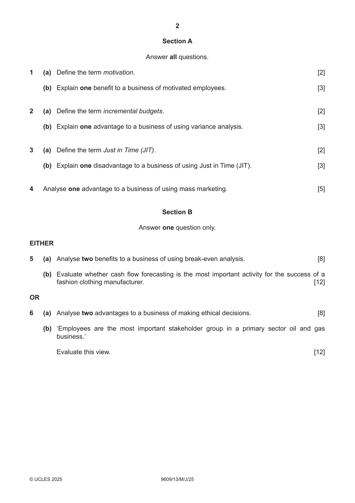 Cambridge A Level Business (for first examination in 2016) 9609 2025 May/June Paper 1 · Variant 3 question paper, page 2 of 4