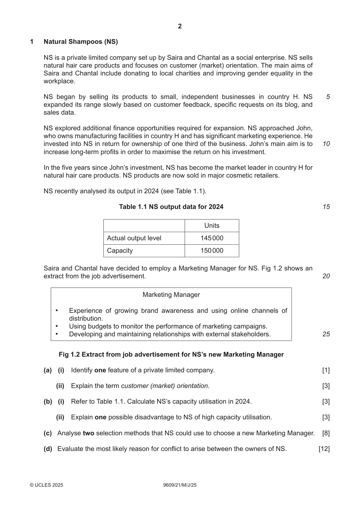 Cambridge A Level Business (for first examination in 2016) 9609 2025 May/June Paper 2 · Variant 1 question paper, page 2 of 4