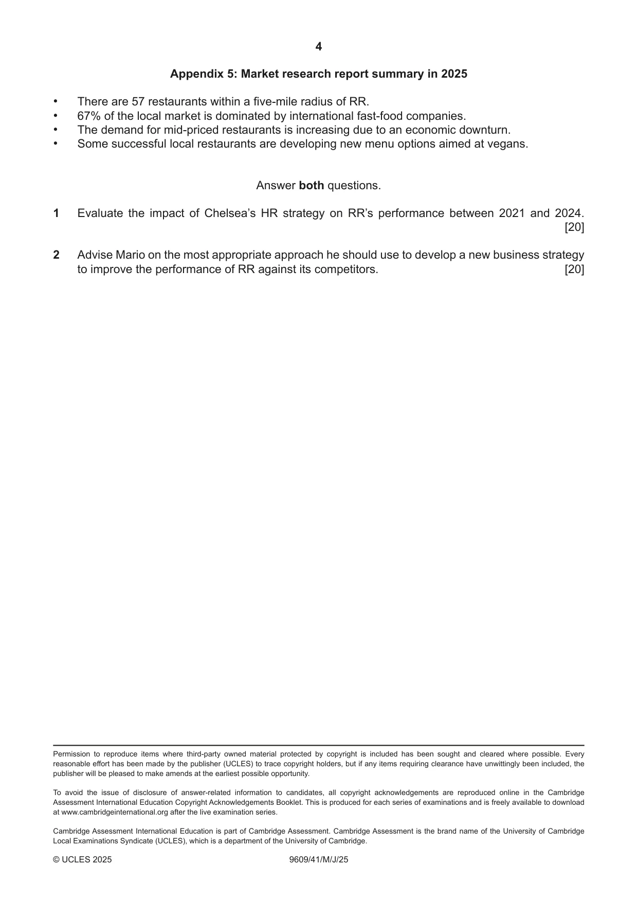 Cambridge A Level Business (for first examination in 2016) 9609 2025 May/June Paper 4 · Variant 1 question paper, page 4 of 4