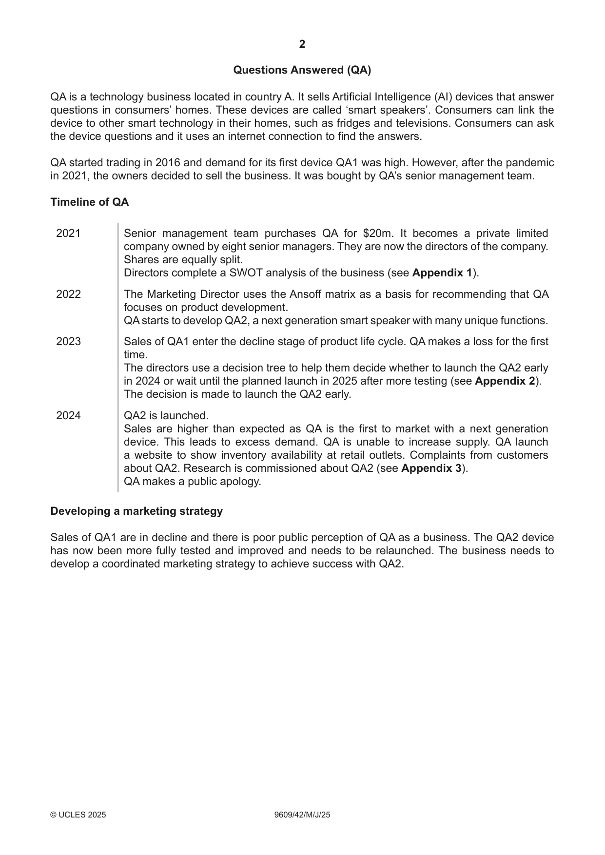 Cambridge A Level Business (for first examination in 2016) 9609 2025 May/June Paper 4 · Variant 2 question paper, page 2 of 4