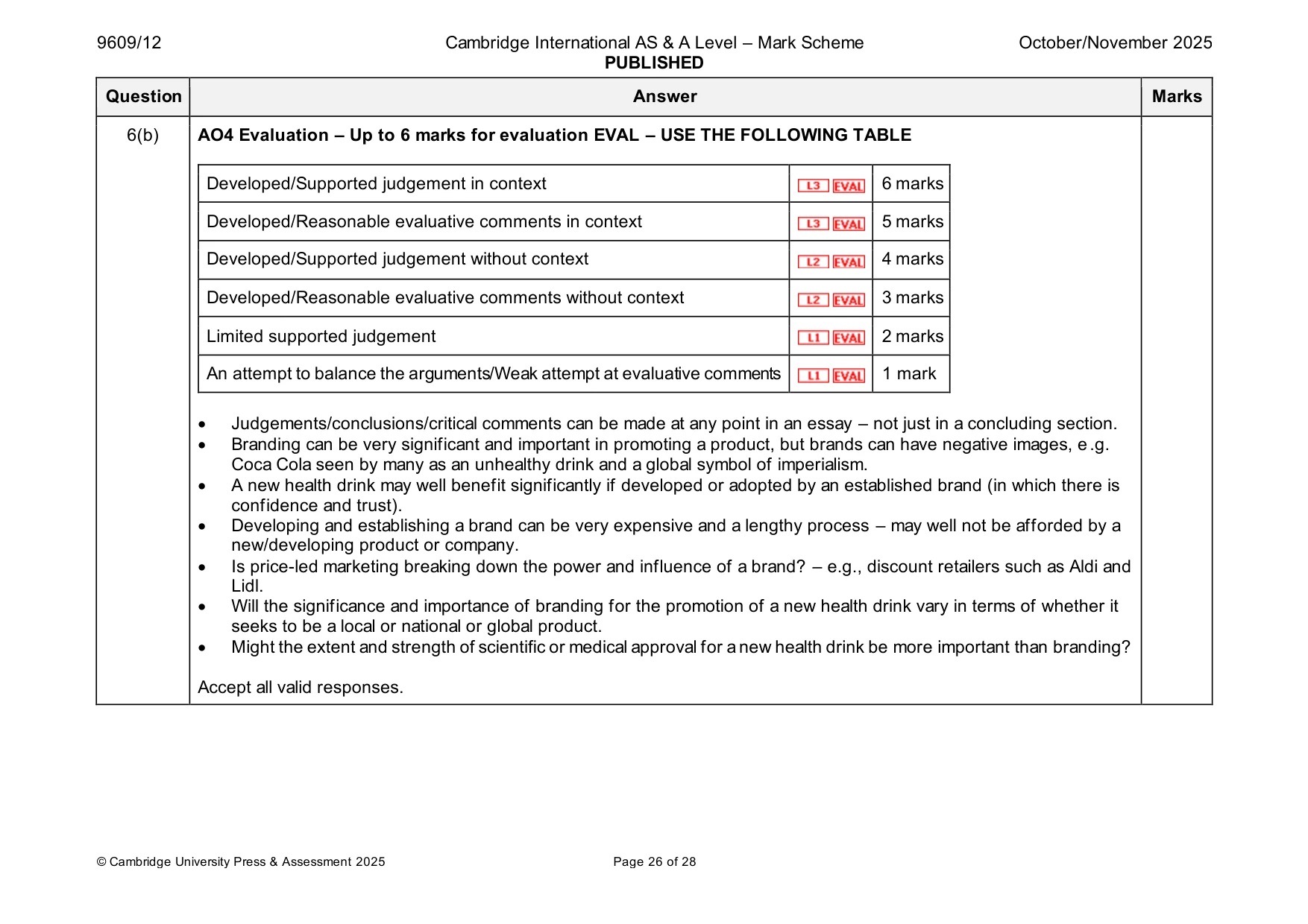 Mark scheme, page 26 of 28