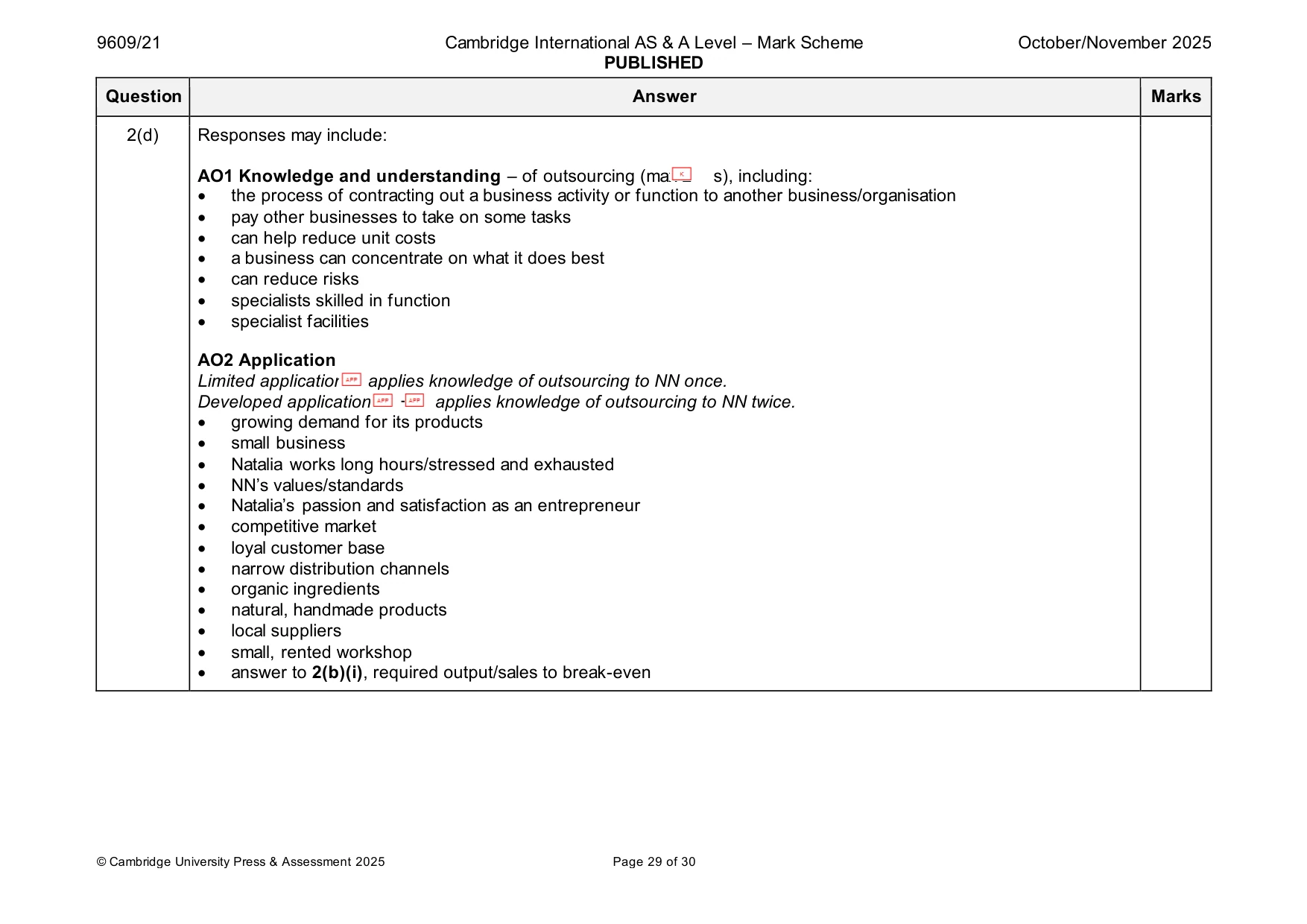 Mark scheme, page 29 of 30