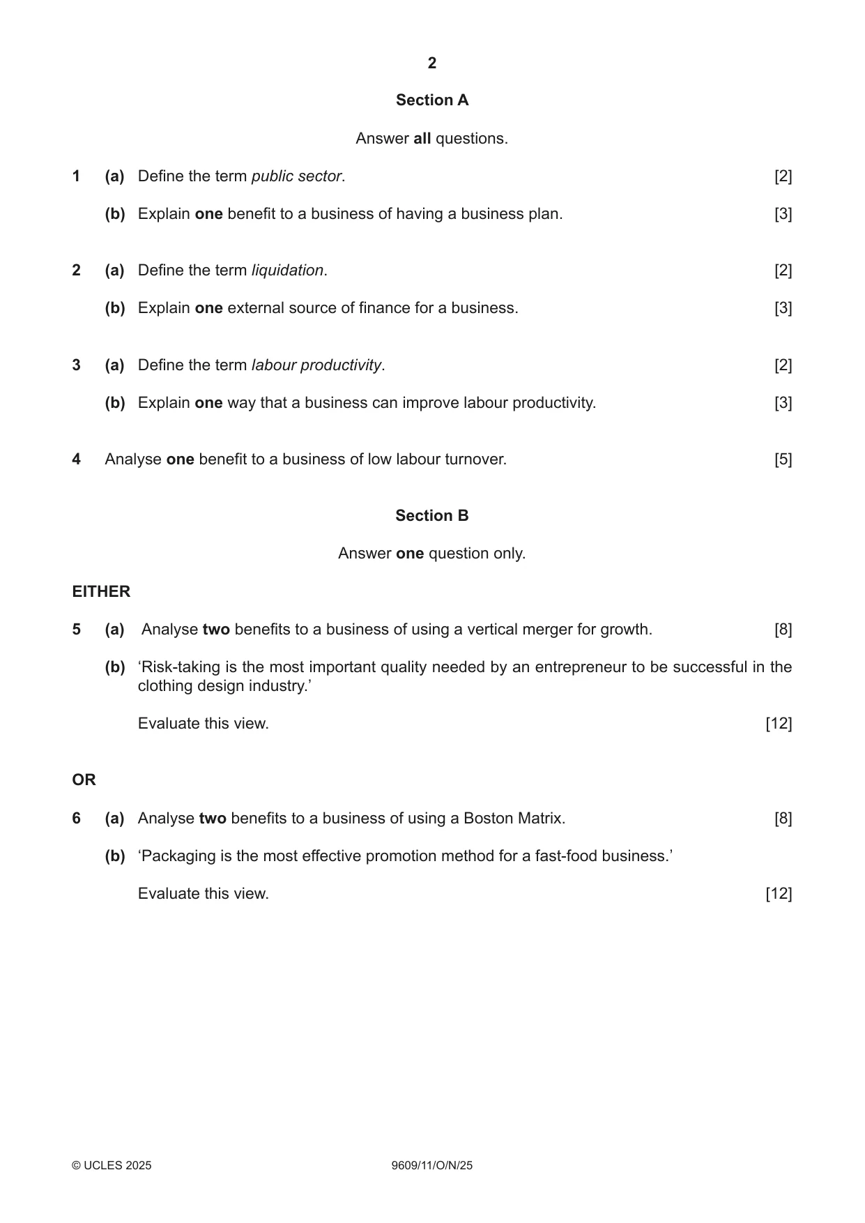 Cambridge A Level Business (for first examination in 2016) 9609 2025 Oct/Nov Paper 1 · Variant 1 question paper, page 2 of 4
