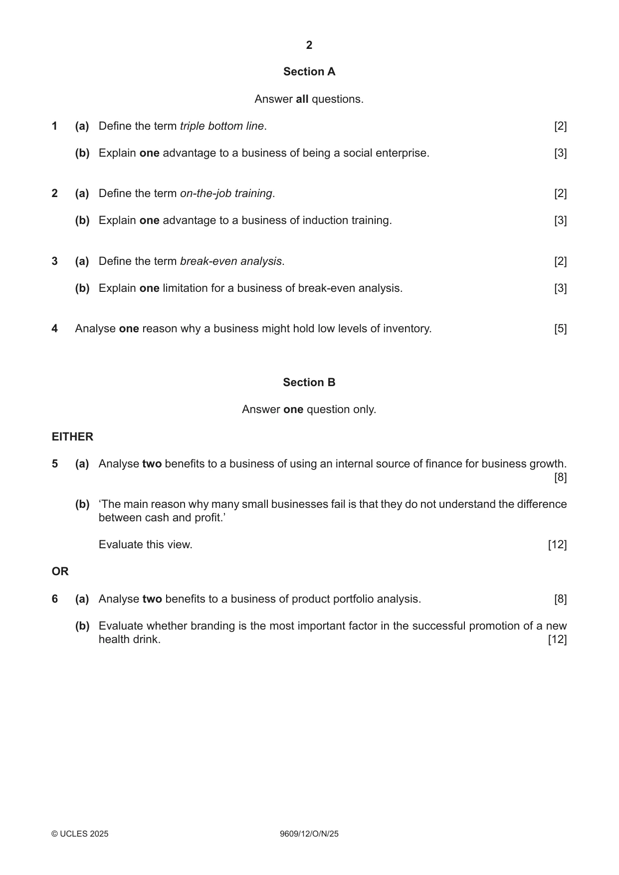 Cambridge A Level Business (for first examination in 2016) 9609 2025 Oct/Nov Paper 1 · Variant 2 question paper, page 2 of 4