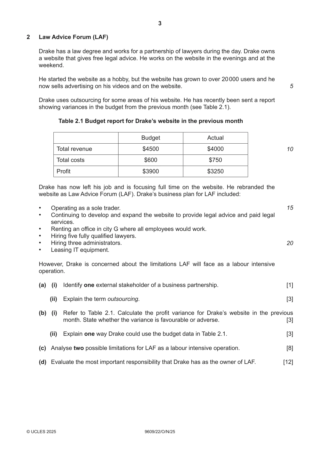Cambridge A Level Business (for first examination in 2016) 9609 2025 Oct/Nov Paper 2 · Variant 2 question paper, page 3 of 4