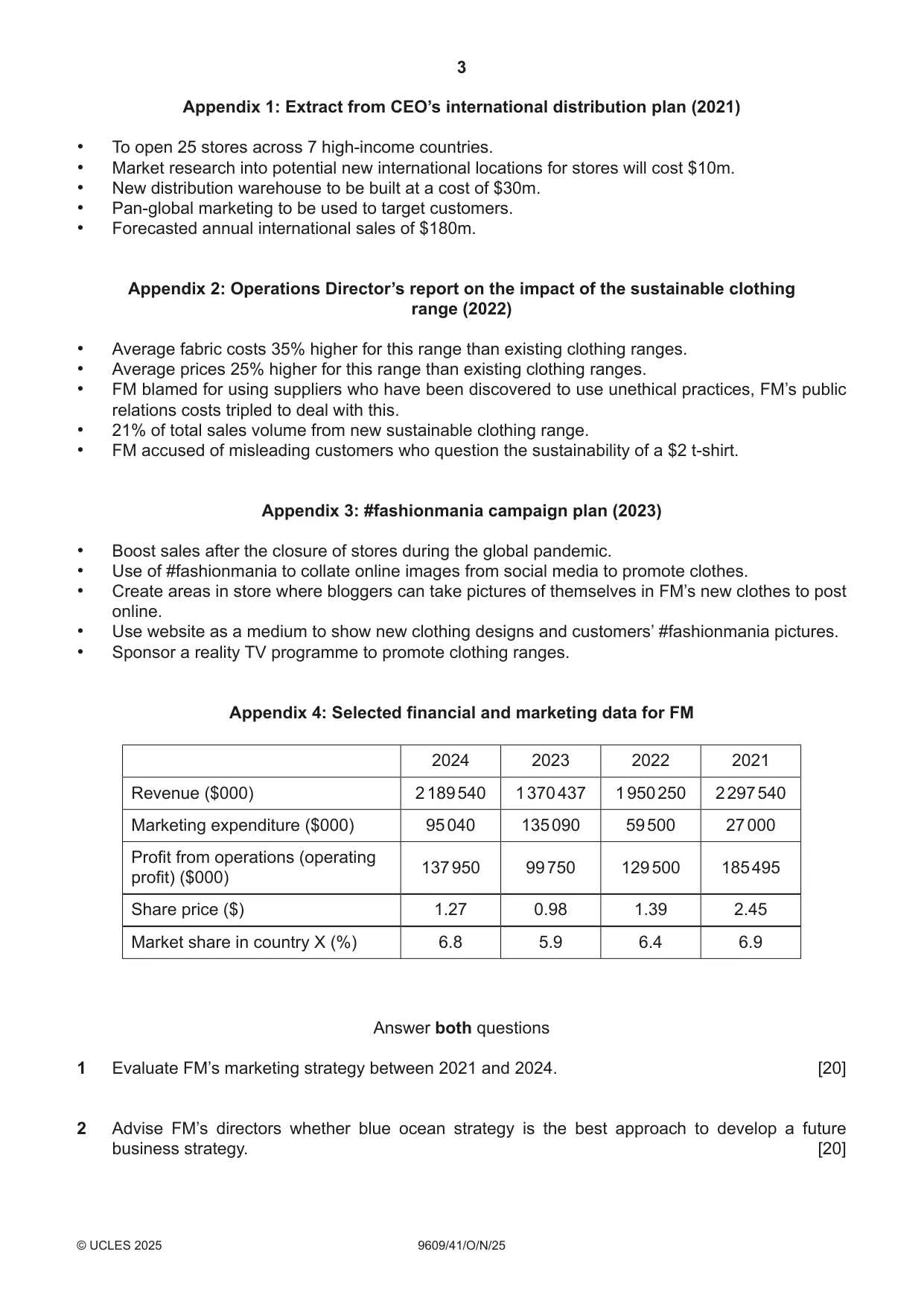 Cambridge A Level Business (for first examination in 2016) 9609 2025 Oct/Nov Paper 4 · Variant 1 question paper, page 3 of 4