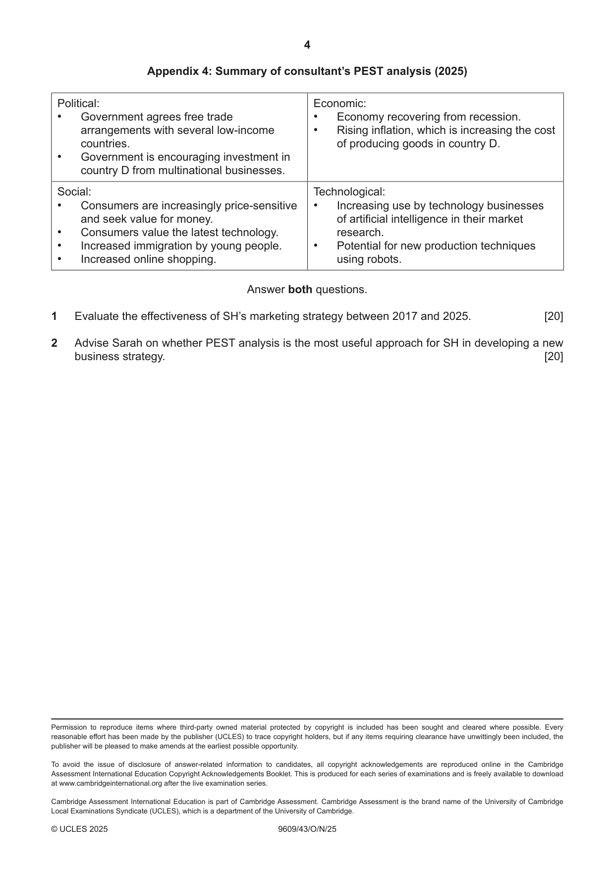 Cambridge A Level Business (for first examination in 2016) 9609 2025 Oct/Nov Paper 4 · Variant 3 question paper, page 4 of 4