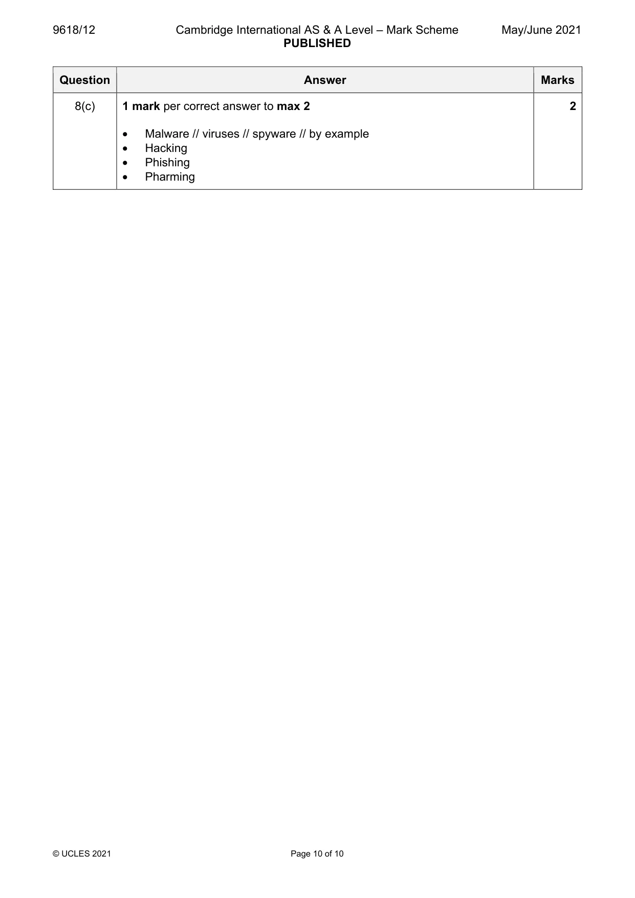 Mark scheme, page 10 of 10