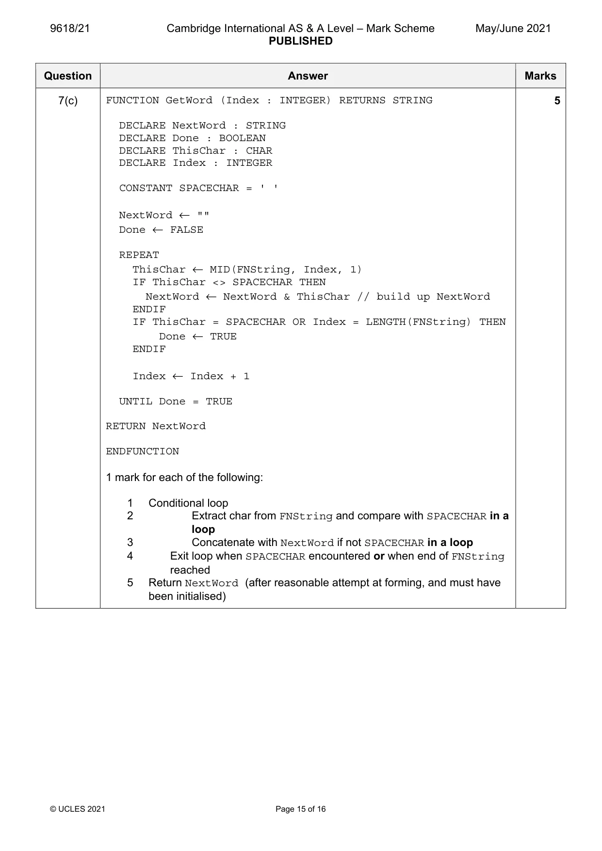 Mark scheme, page 15 of 16