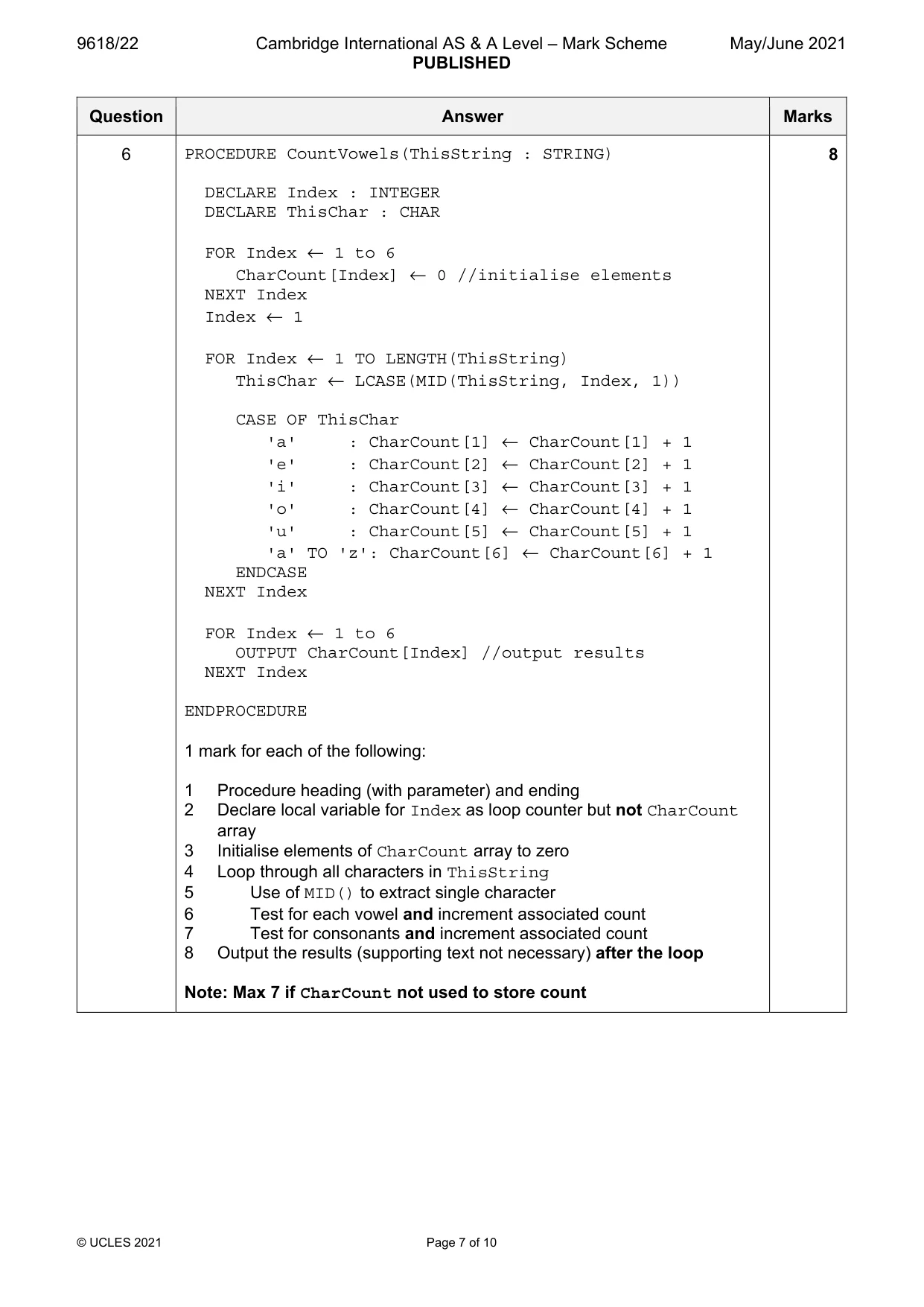 Mark scheme, page 7 of 10