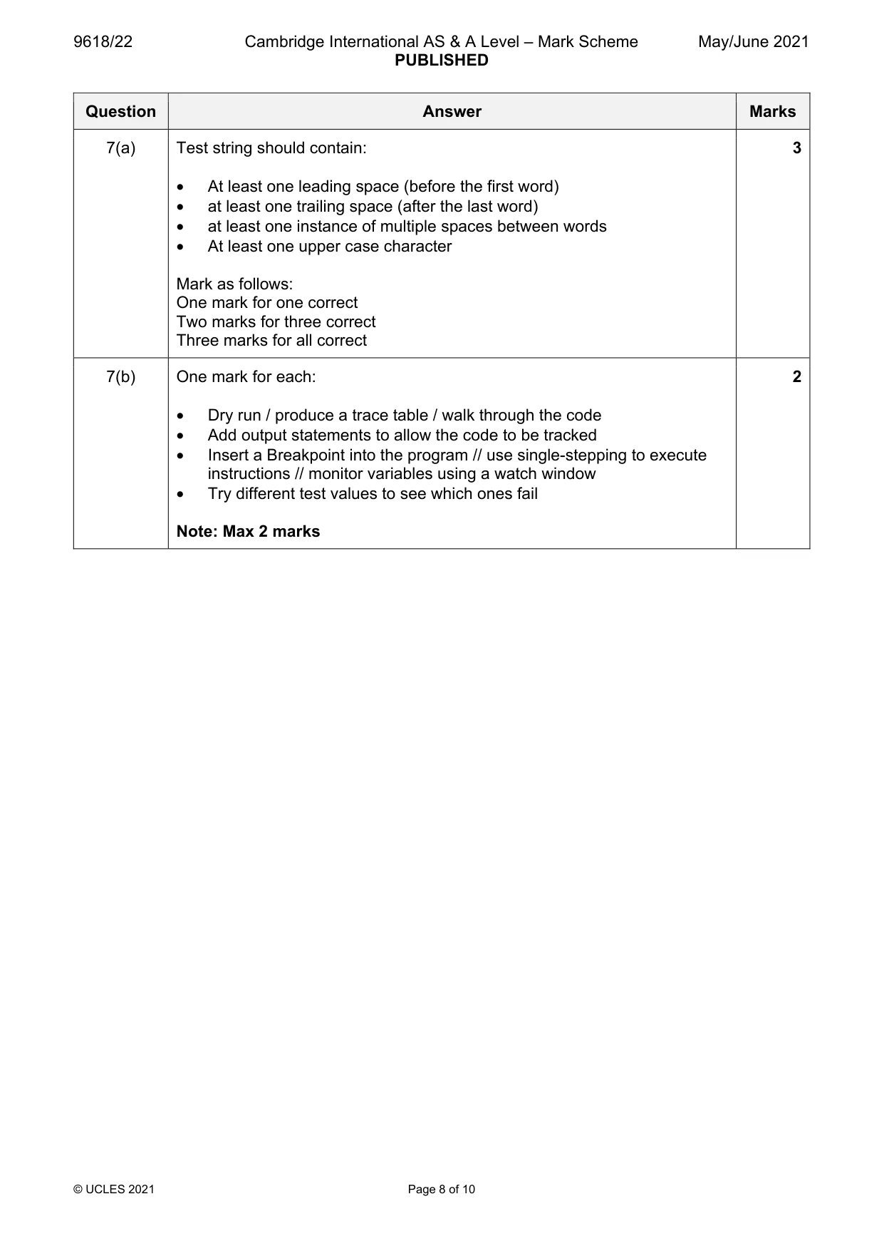 Mark scheme, page 8 of 10
