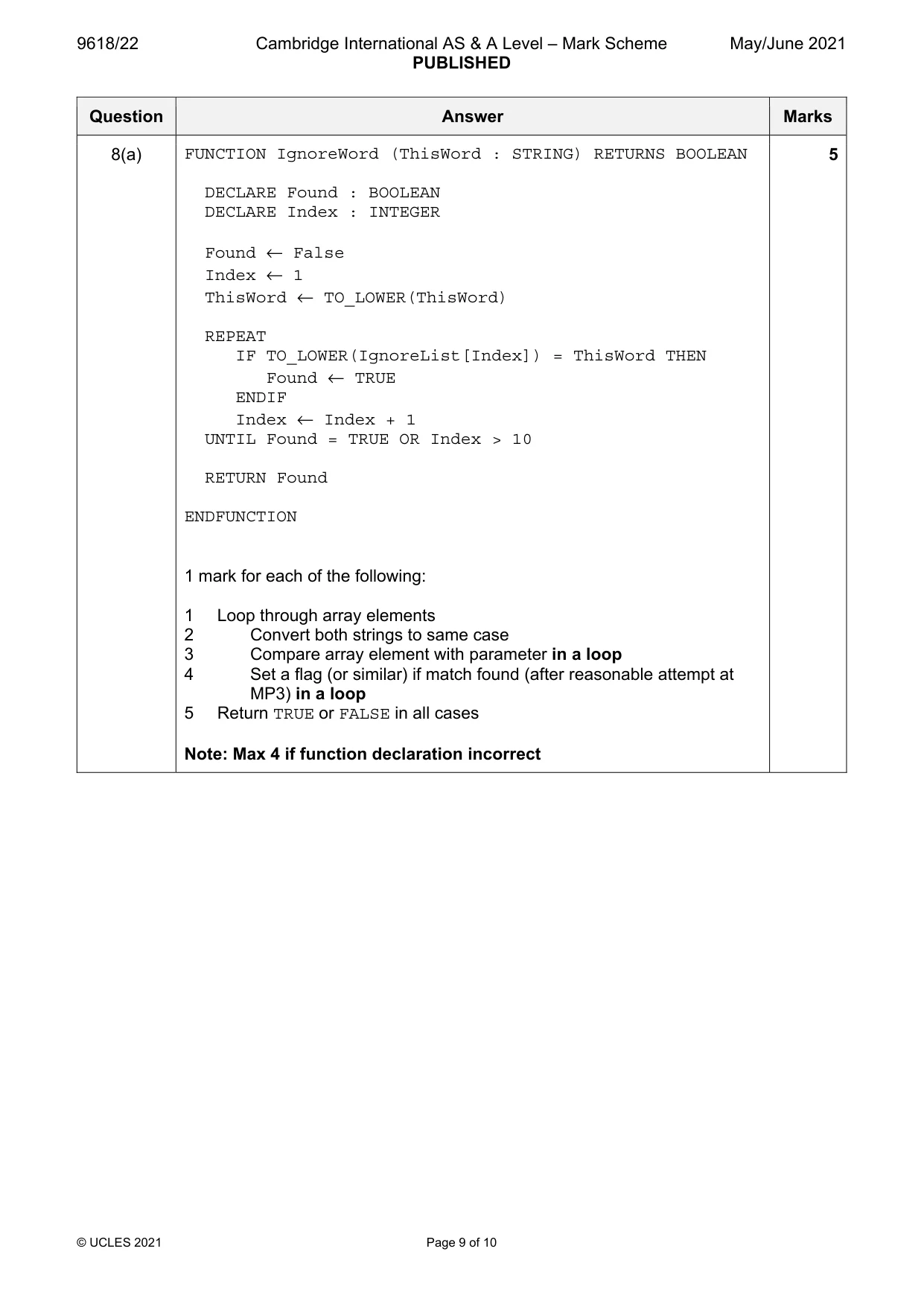 Mark scheme, page 9 of 10