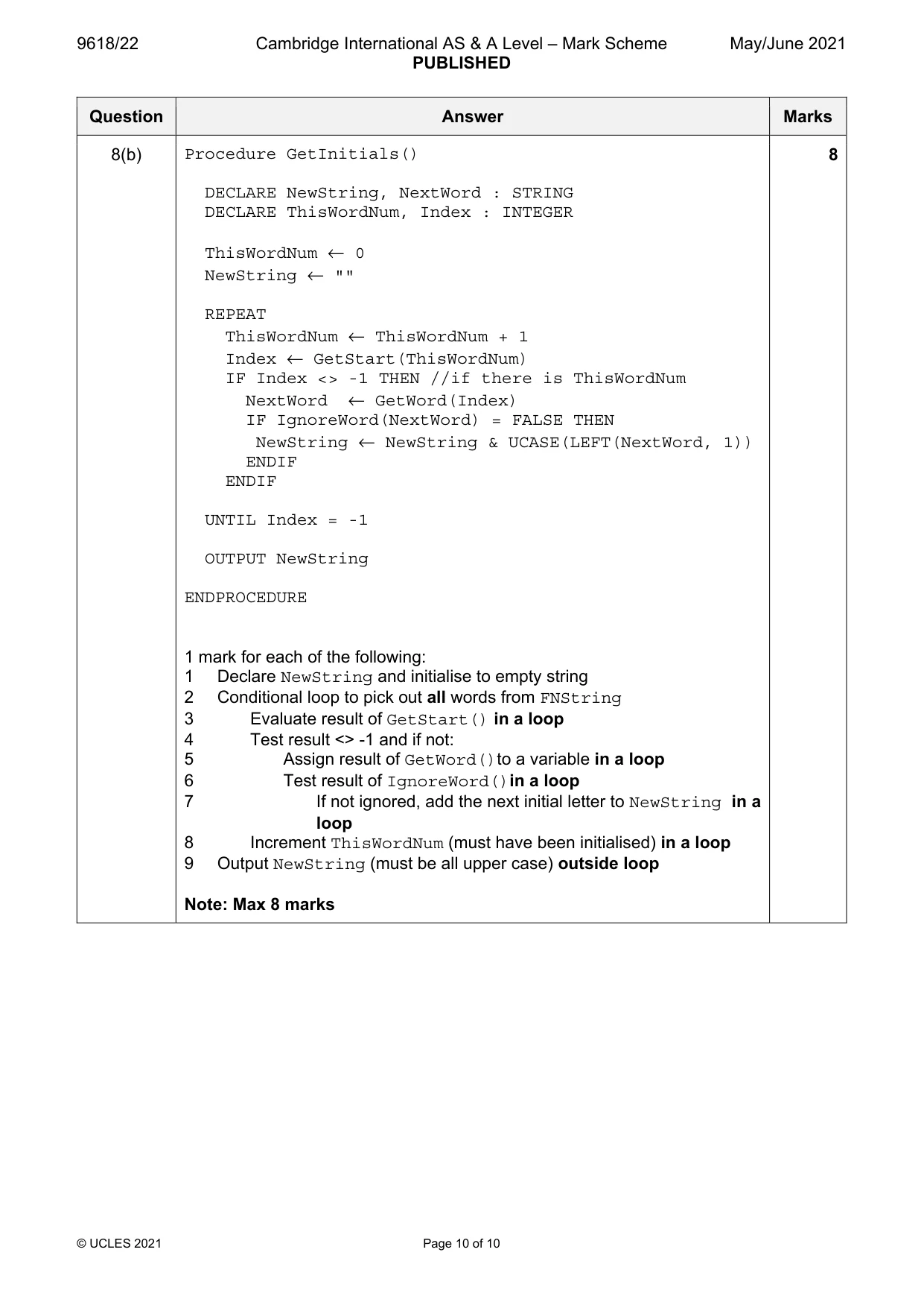 Mark scheme, page 10 of 10