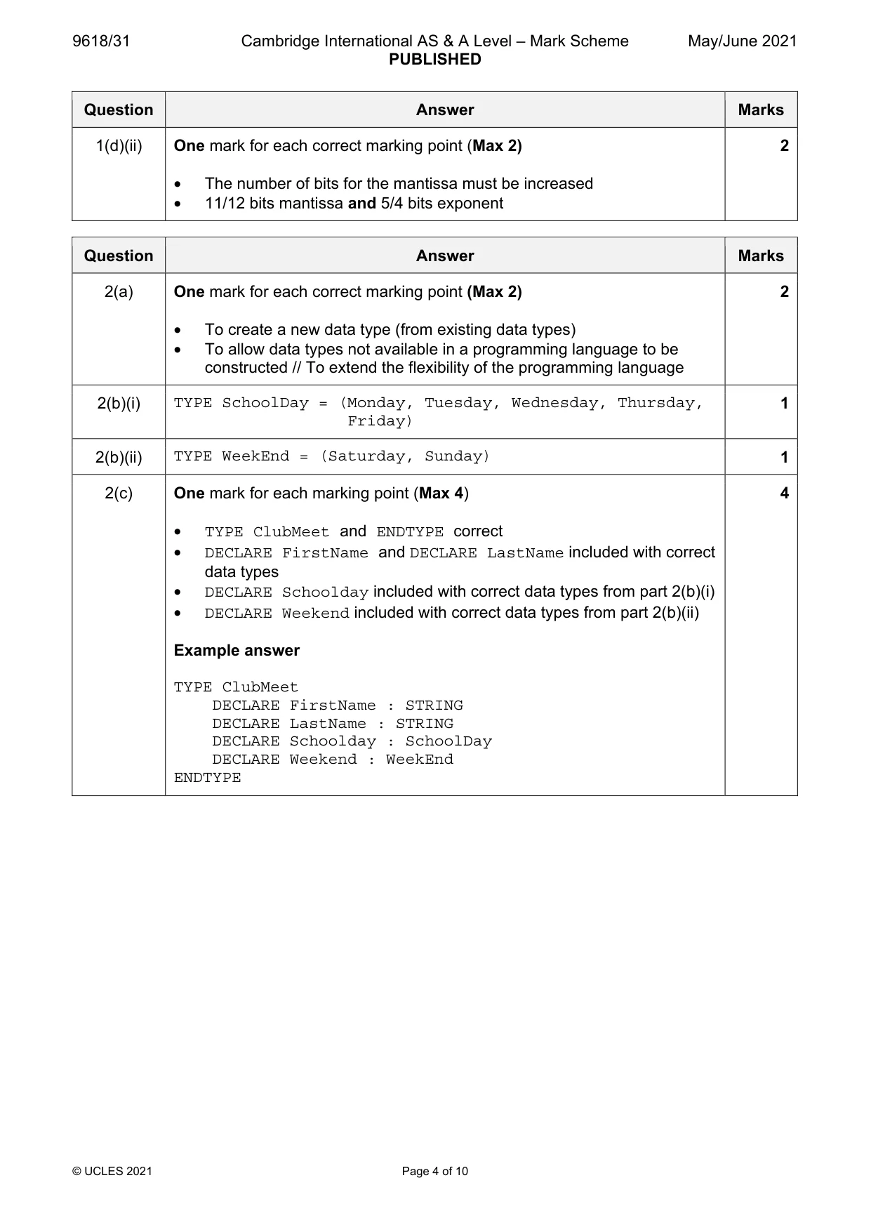 Mark scheme, page 4 of 10