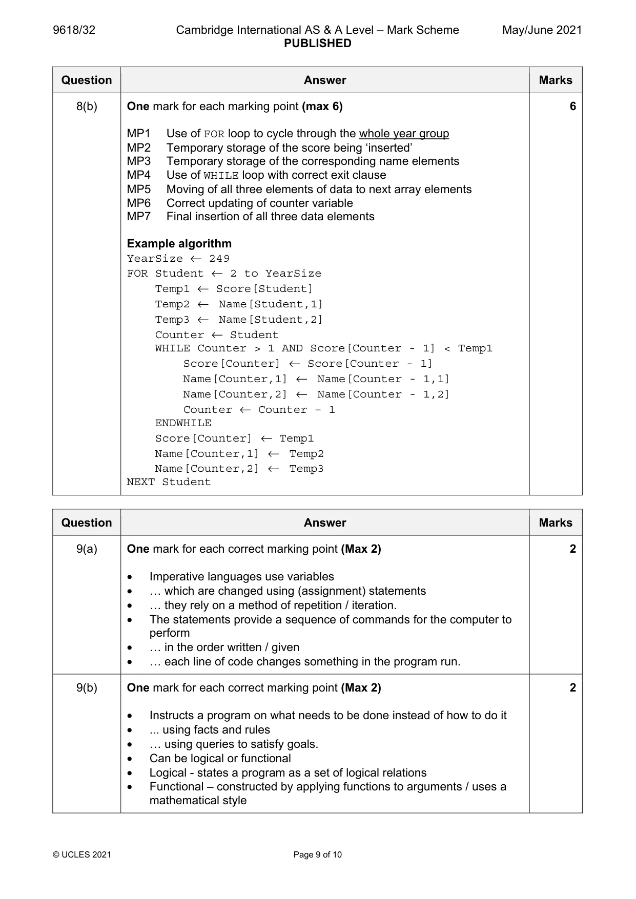 Mark scheme, page 9 of 10