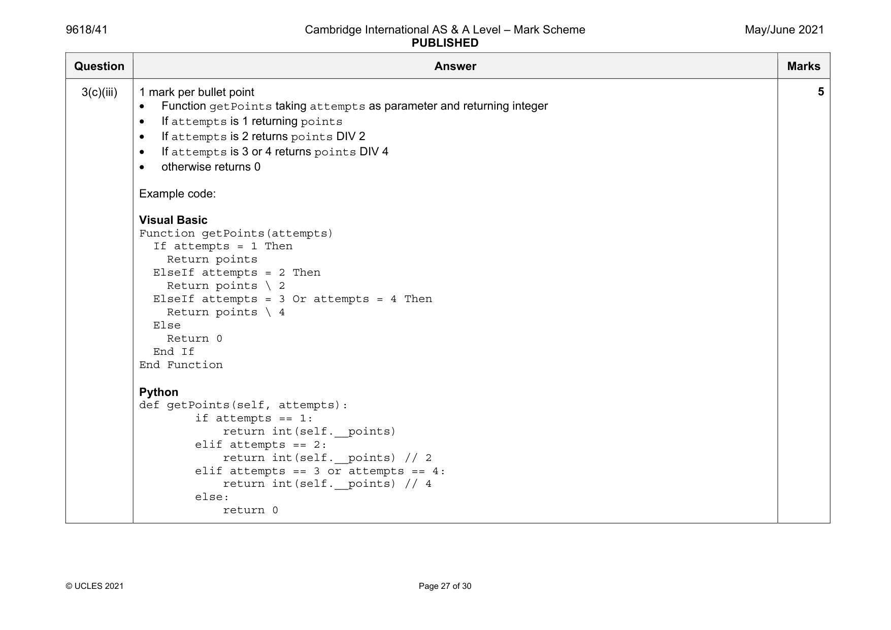 Mark scheme, page 27 of 30