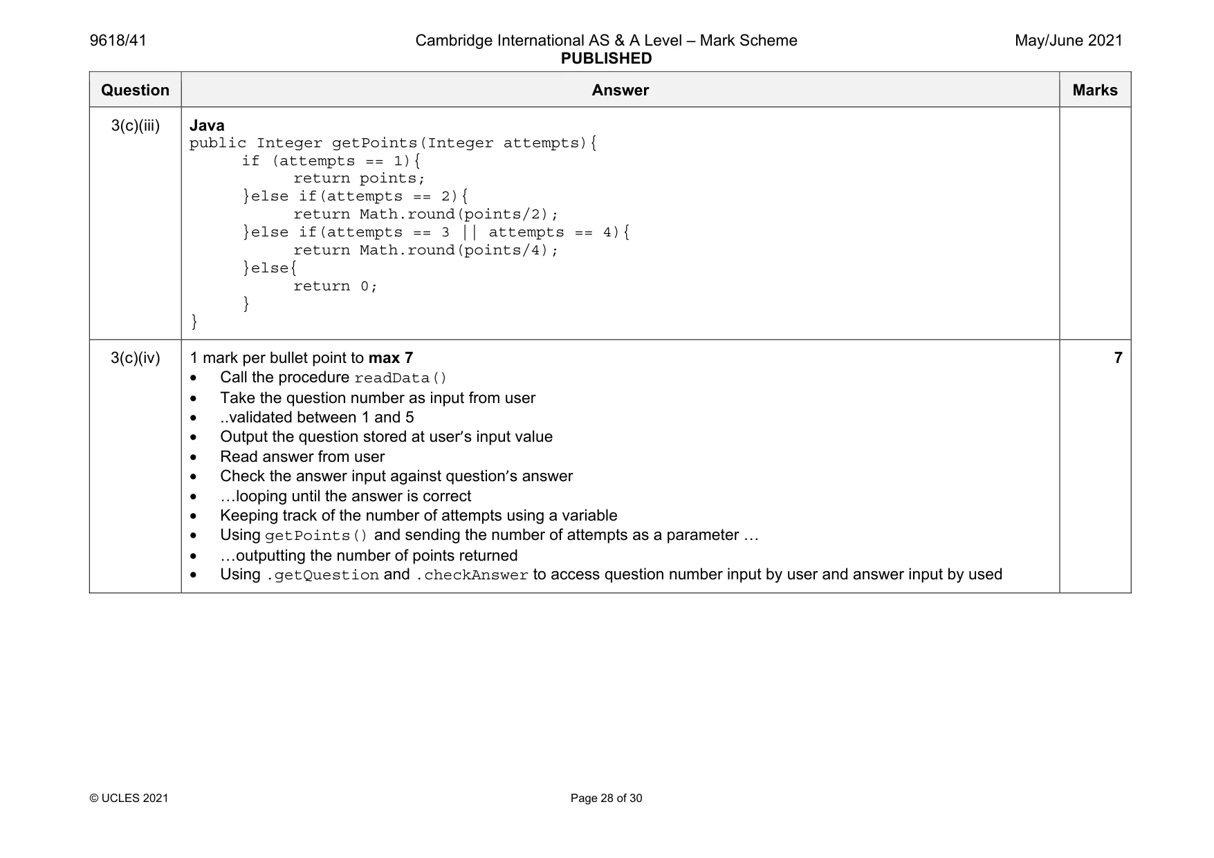 Mark scheme, page 28 of 30