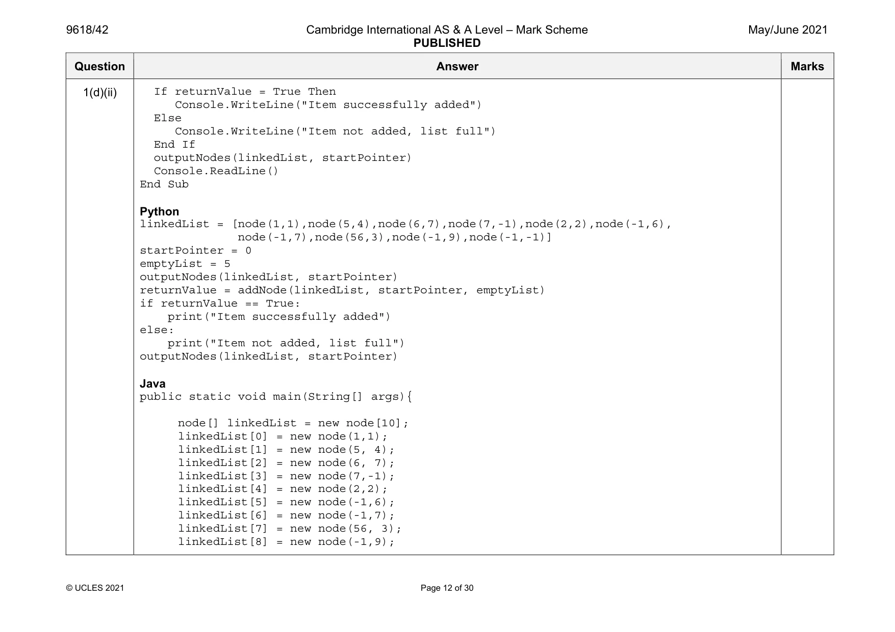 Mark scheme, page 12 of 30
