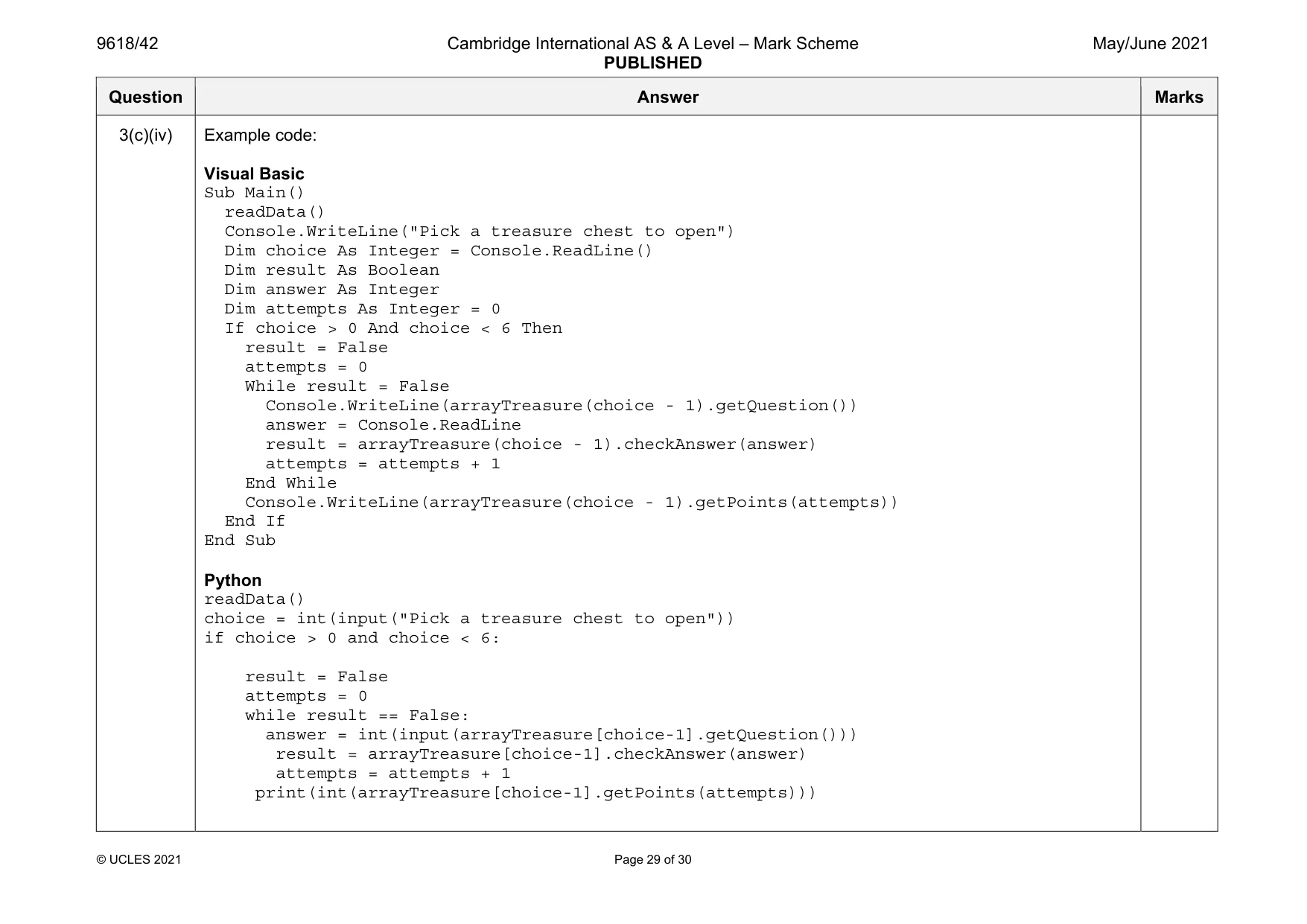 Mark scheme, page 29 of 30
