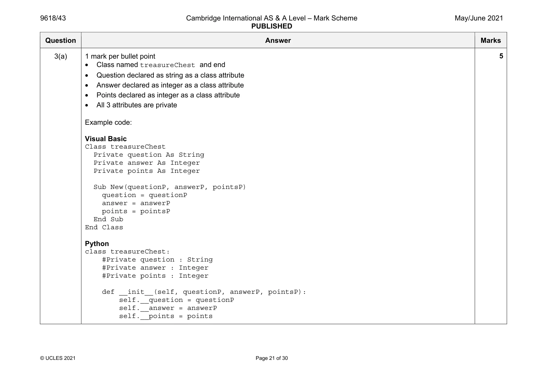 Mark scheme, page 21 of 30