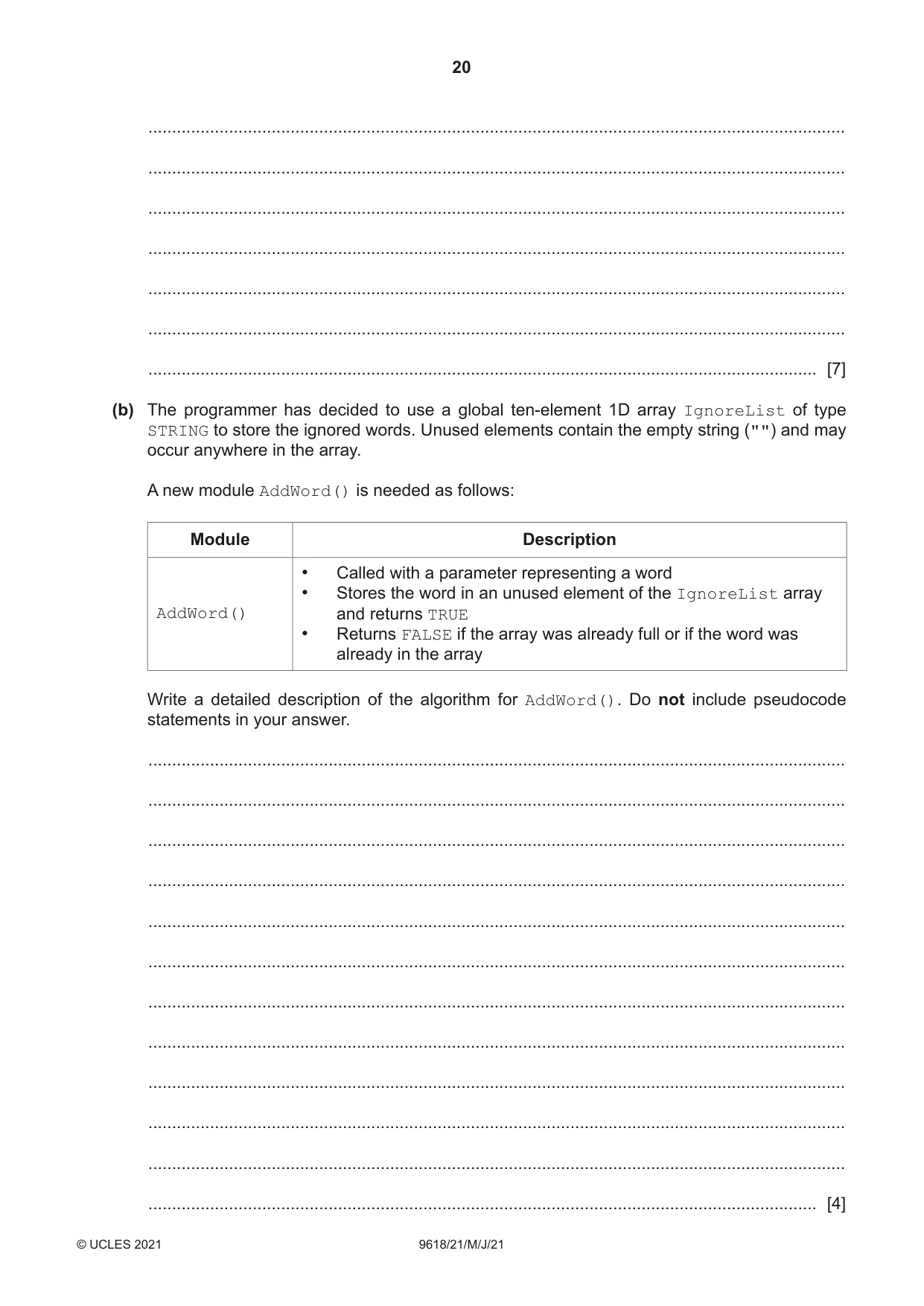 Cambridge A Level Computer Science 9618 2021 May/June Paper 2 · Variant 1 question paper, page 20 of 24