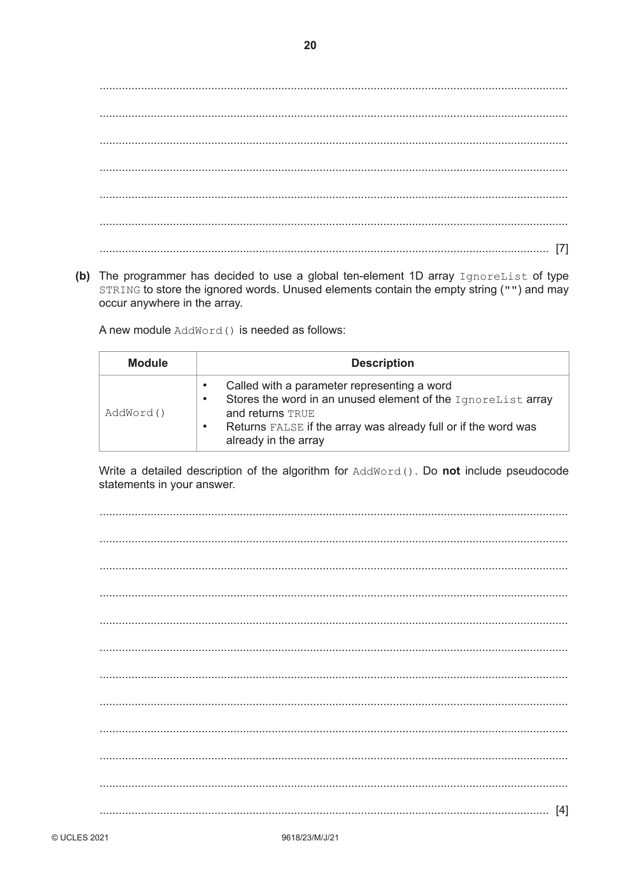 Cambridge A Level Computer Science 9618 2021 May/June Paper 2 · Variant 3 question paper, page 20 of 24